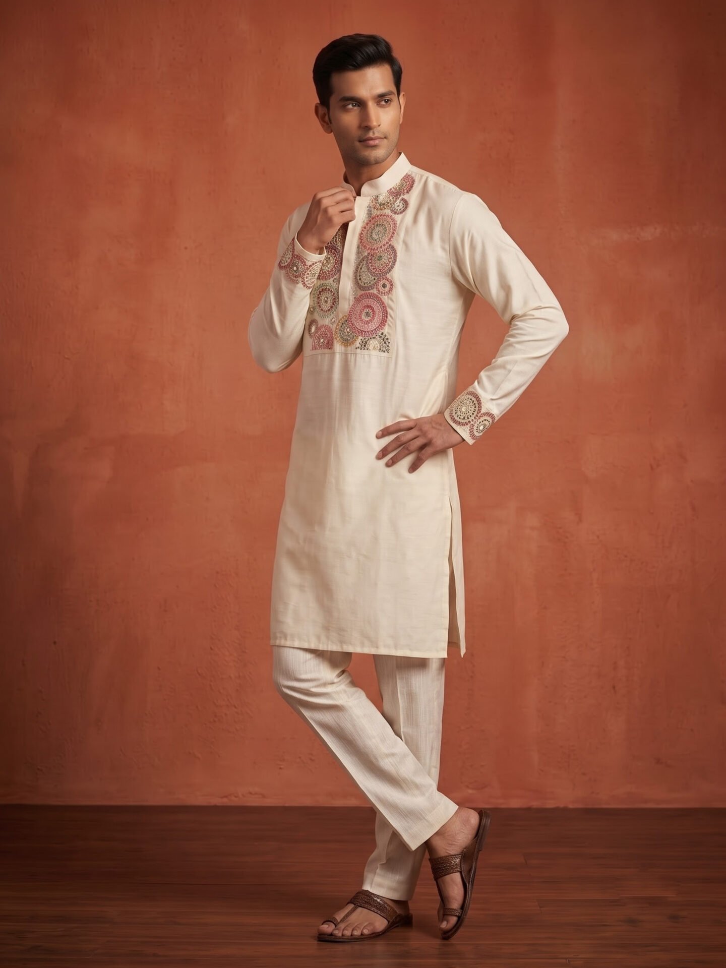 Off-White Embroidered Men's Kurta with Beaded Neck - Image 3