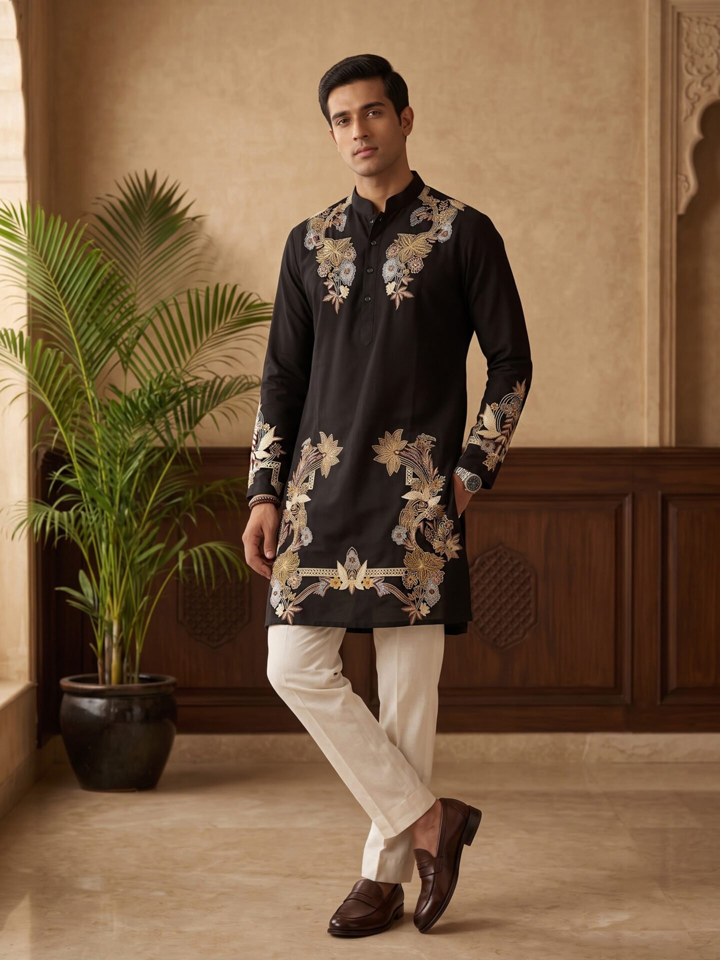 Black Multicolour Floral Embroidered Men's Kurta