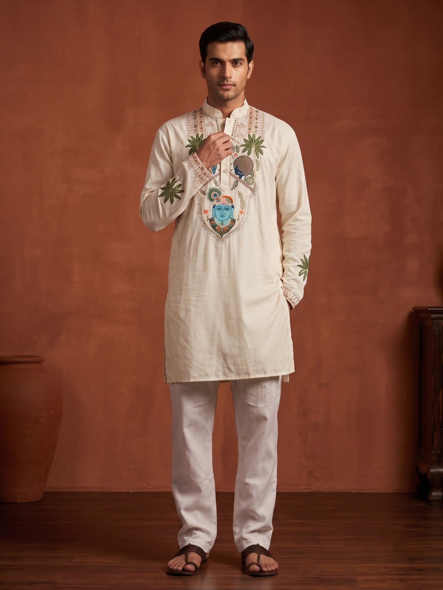 Off-White Krishna Embroidered Men's Kurta