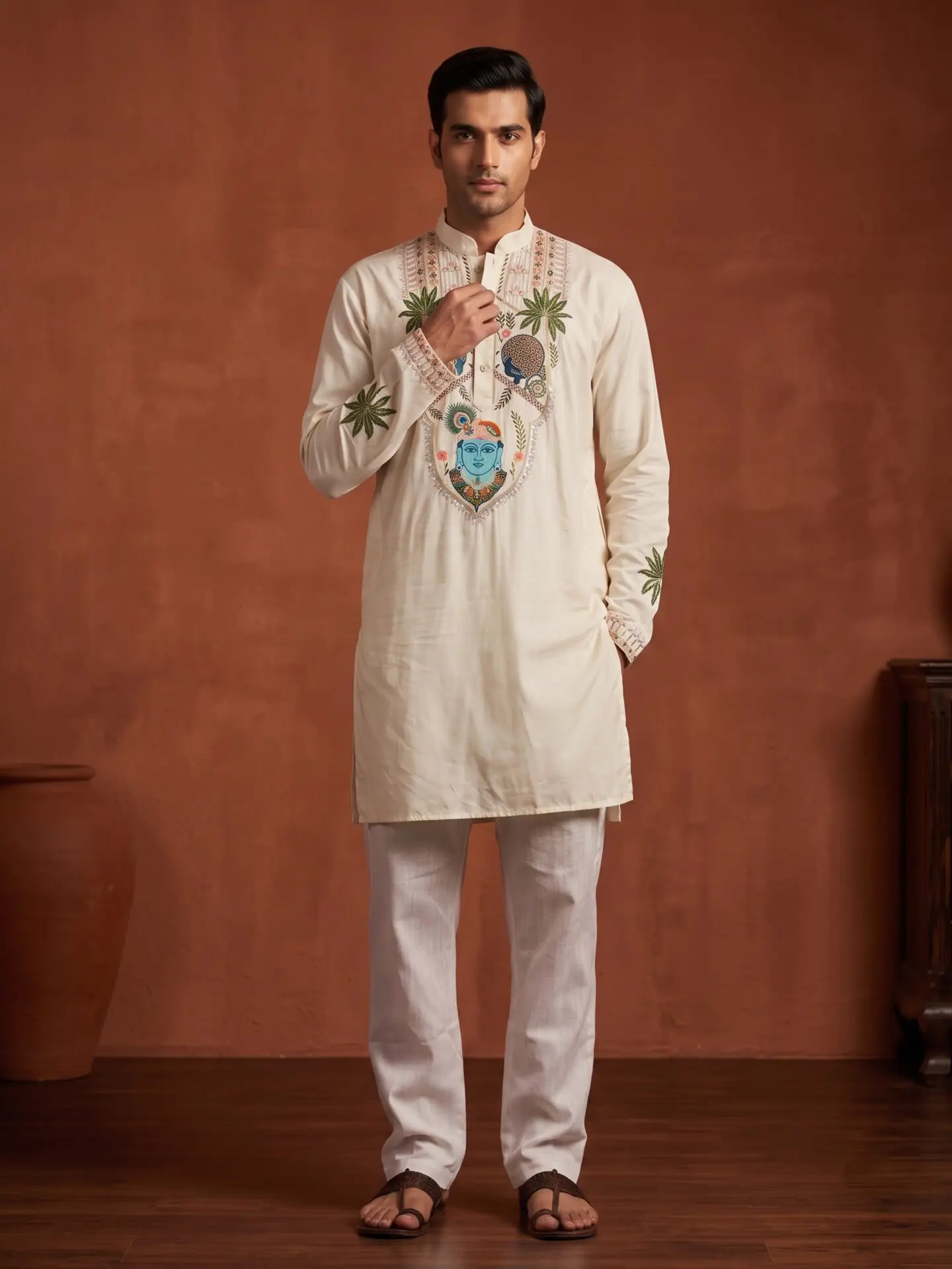 Off-White Krishna Embroidered Men's Kurta