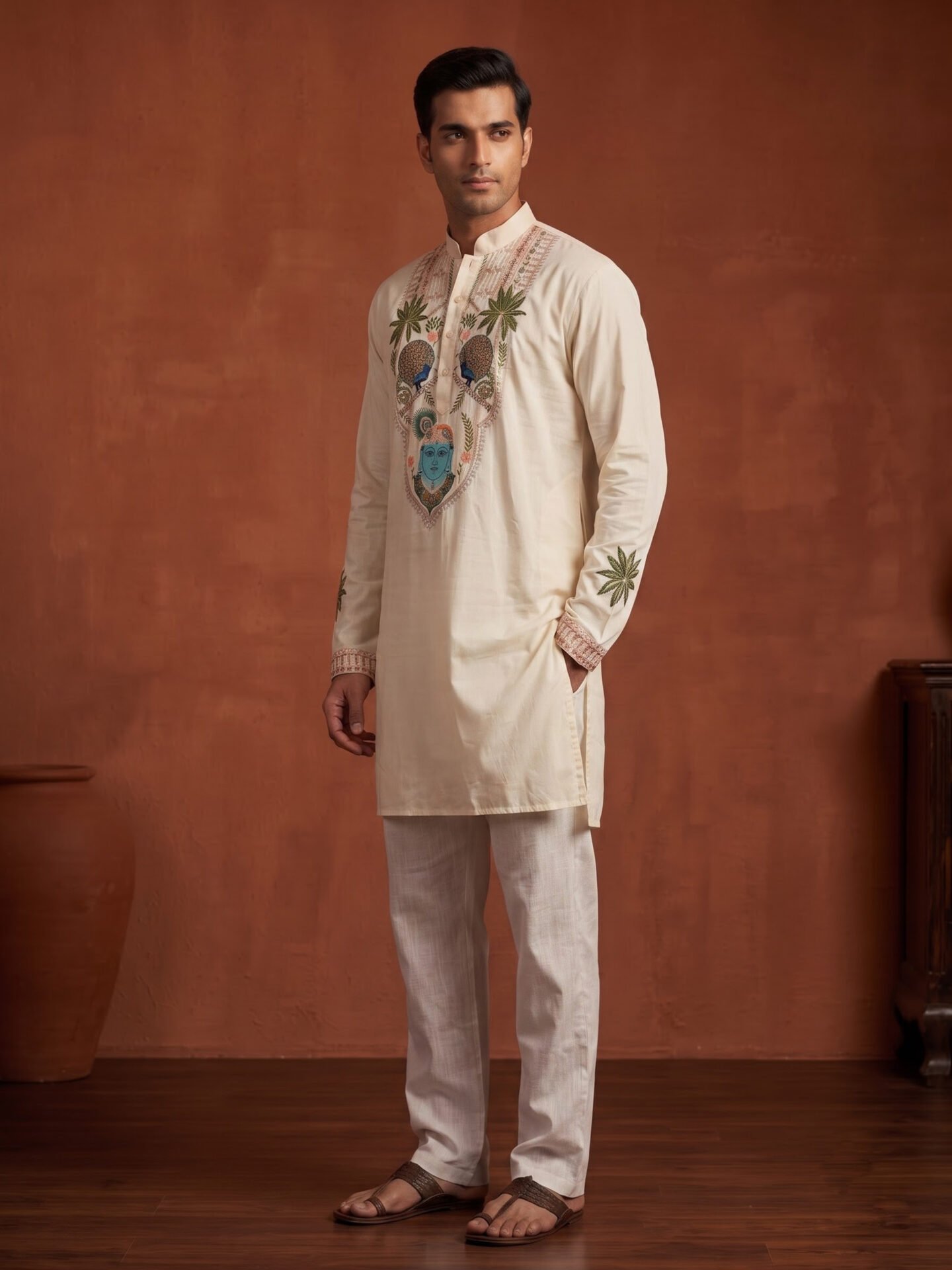 Off-White Krishna Embroidered Men's Kurta - Image 2