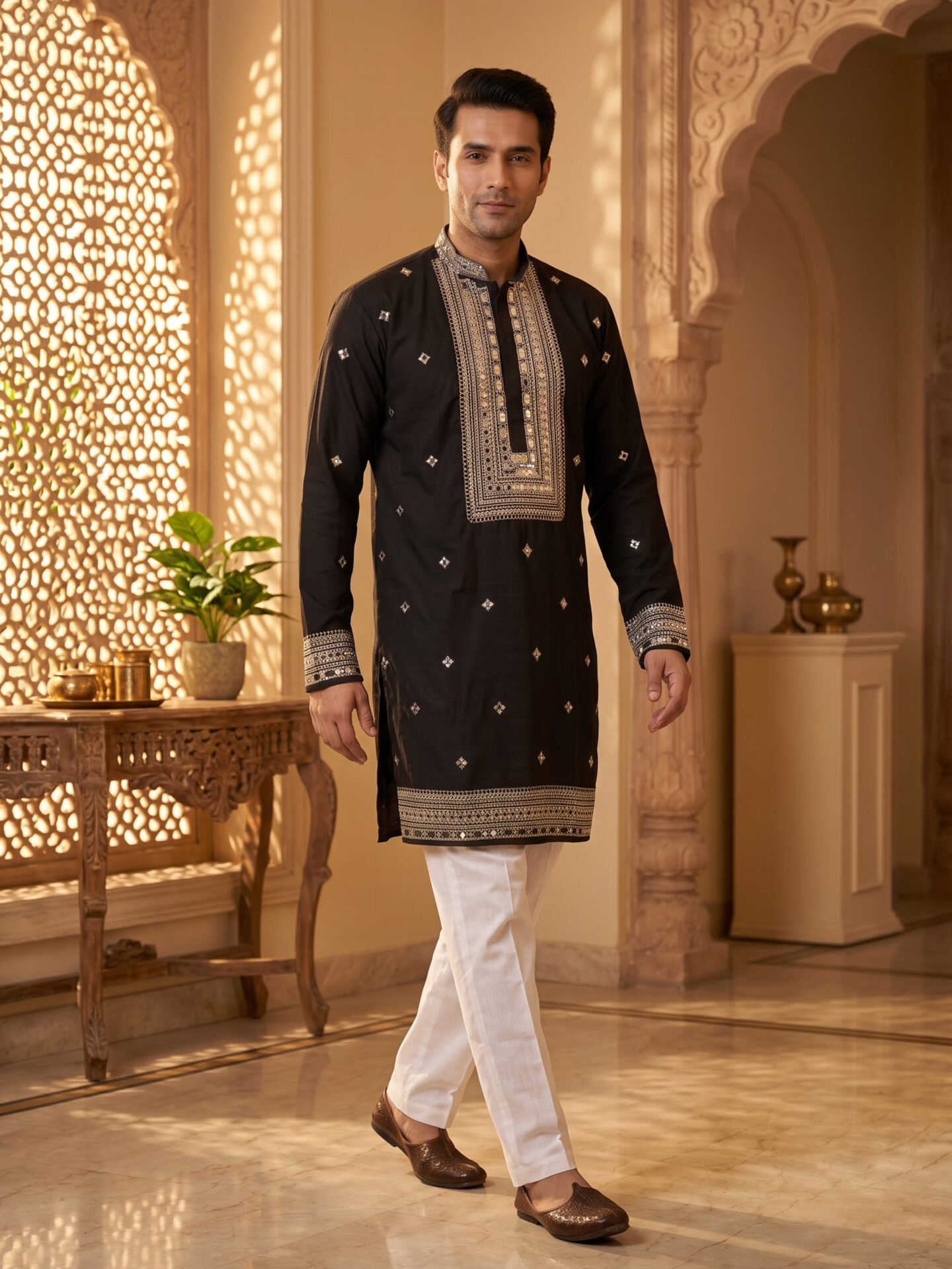 Black Mirror & Zari Embroidered Men's Kurta - Image 2