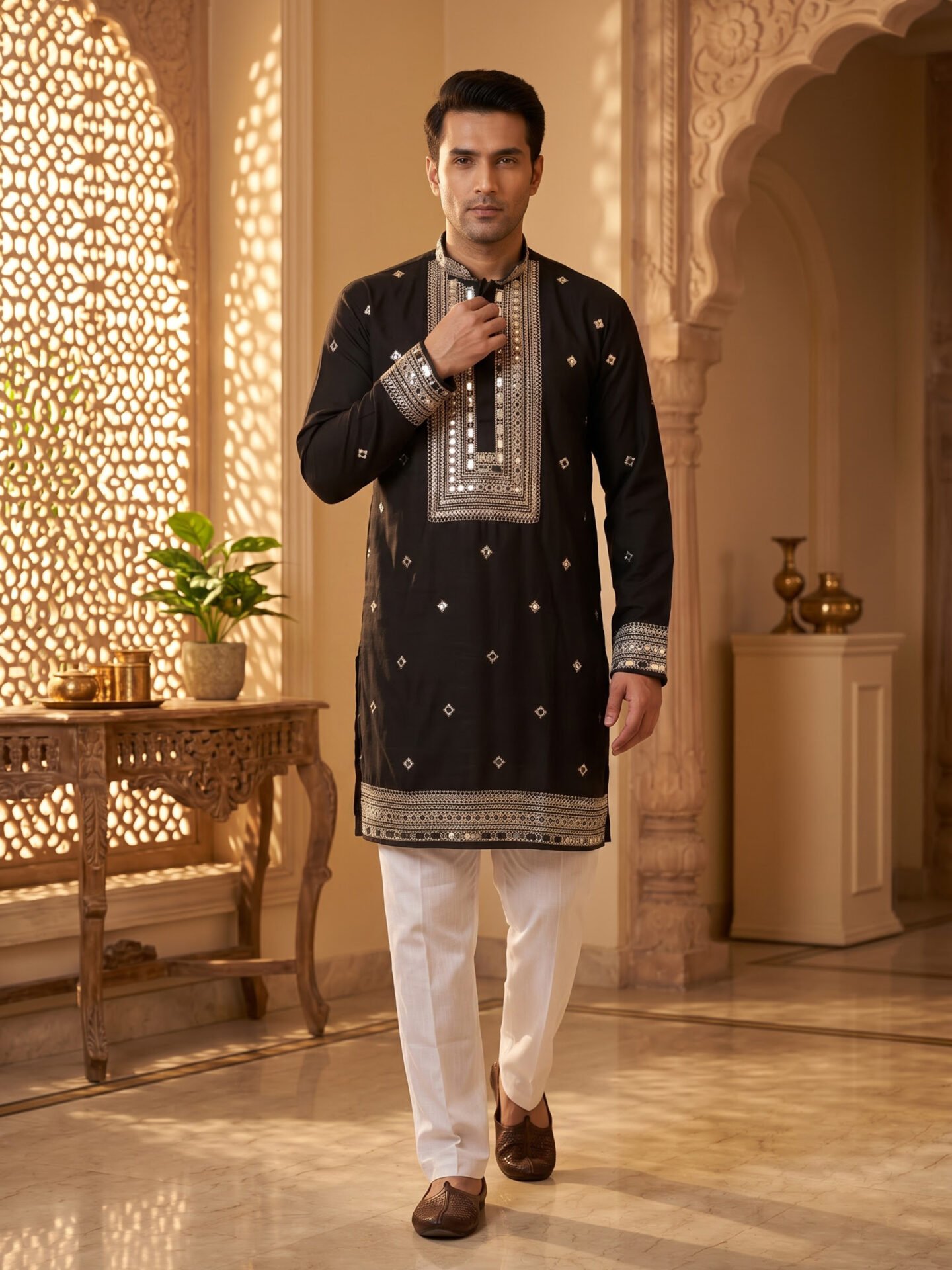 Black Mirror & Zari Embroidered Men's Kurta