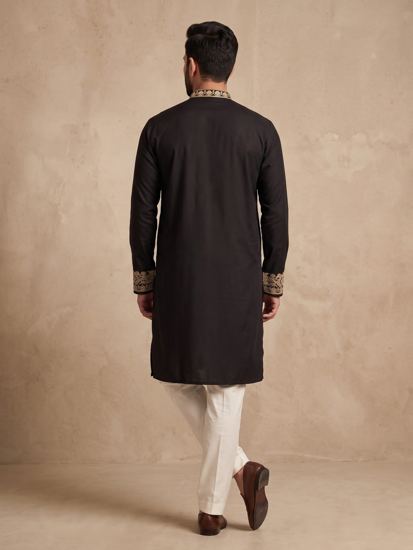 Black Gold Thread Embroidered Men's Kurta - Image 3