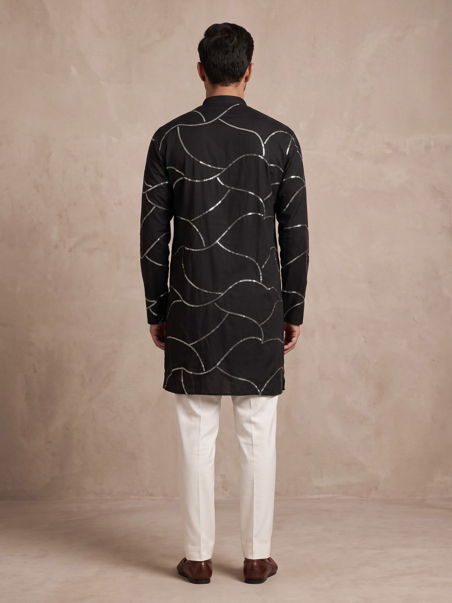 Black Silver Sequin Work Men's Kurta - Image 3