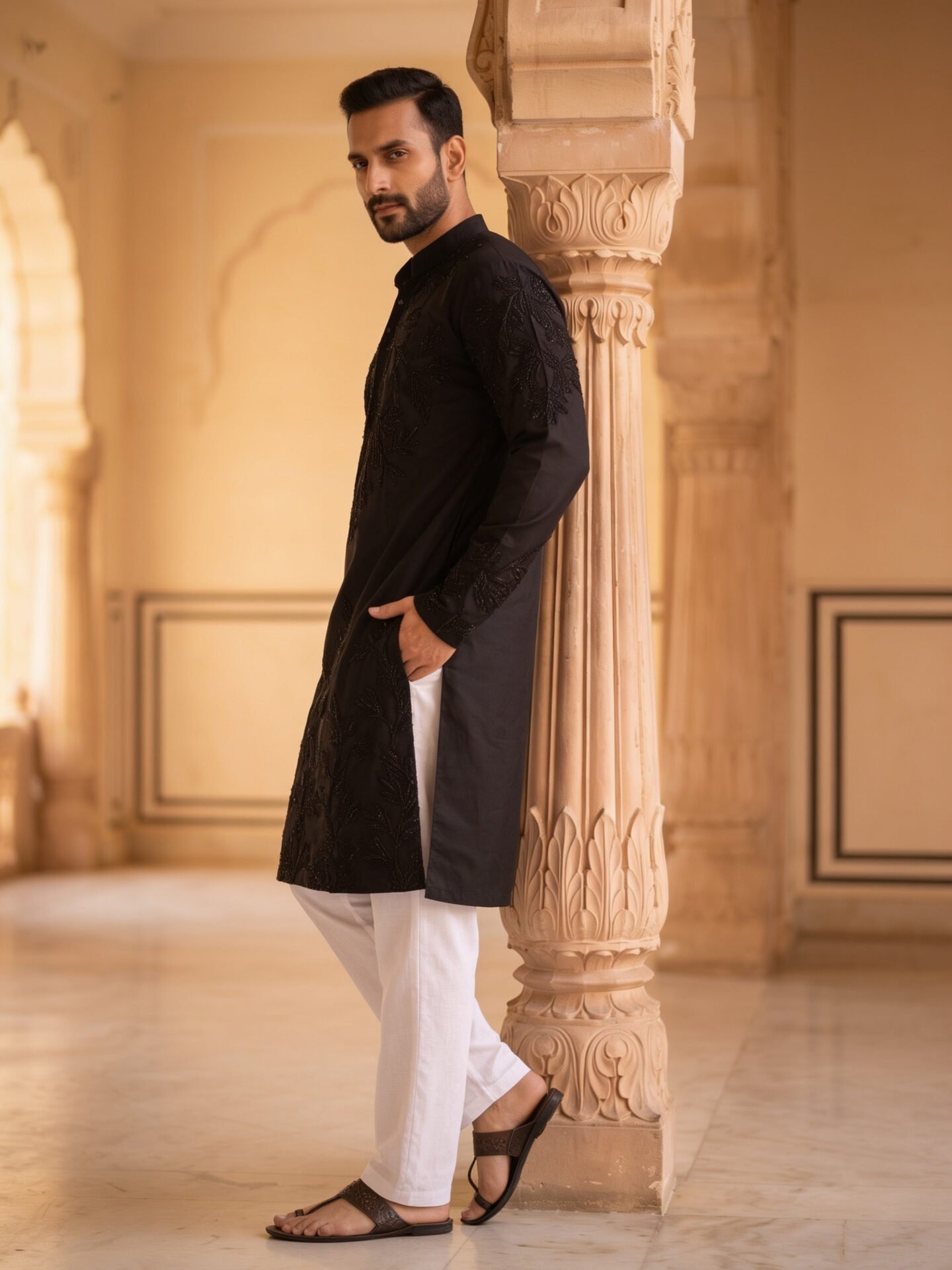 Black Tone-on-Tone Floral Embroidered Men's Kurta - Image 3