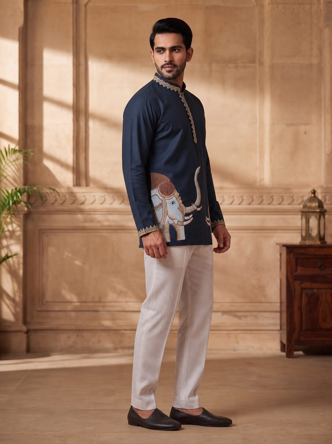Navy Blue Elephant Patch & Pearl Men's Kurta - Image 3