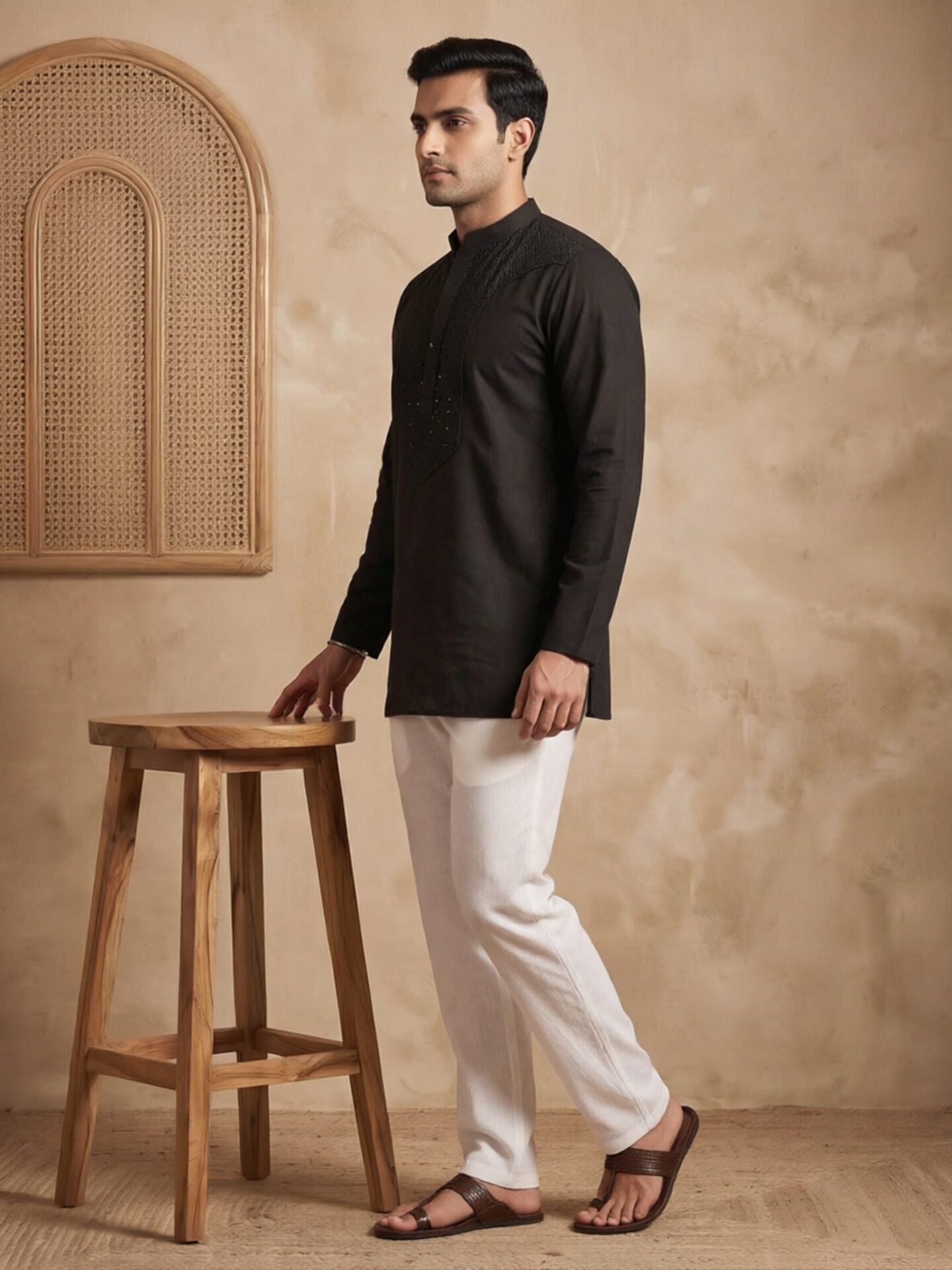 Black Heavy Yoke Embroidered Men's Kurta - Image 2