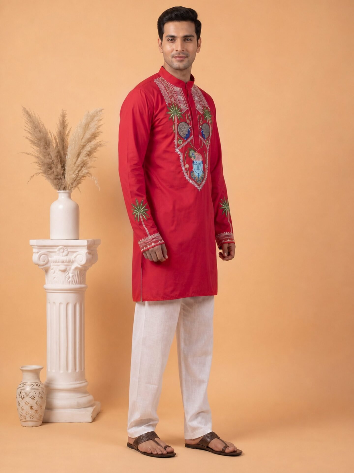Pink Krishna Embroidered Men's Kurta - Image 5