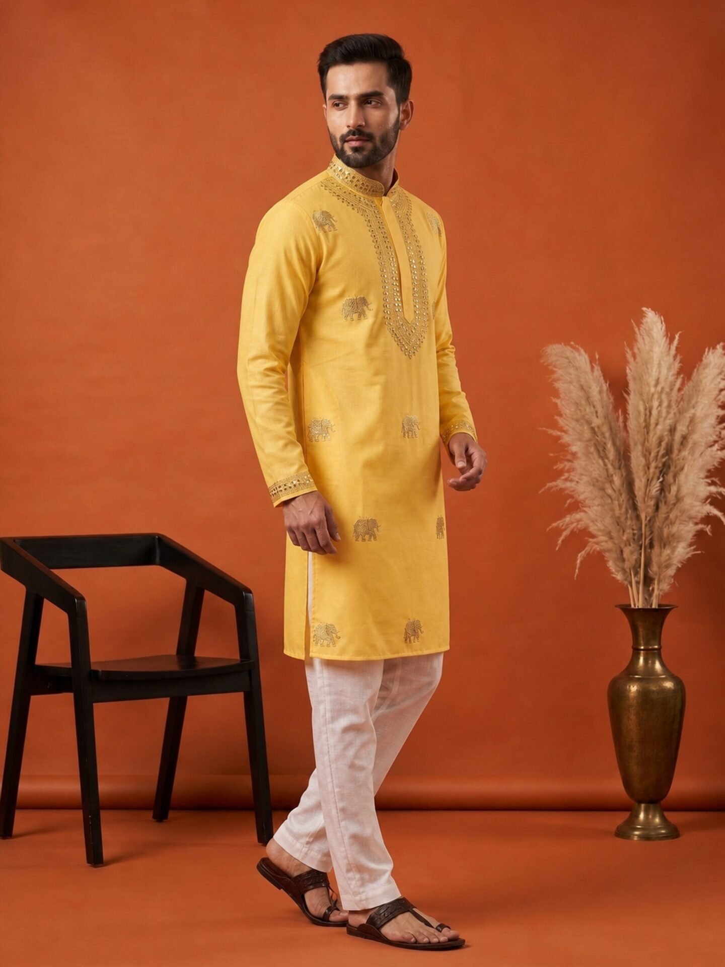 Yellow Elephant Foil Embroidered Men's Kurta - Image 3