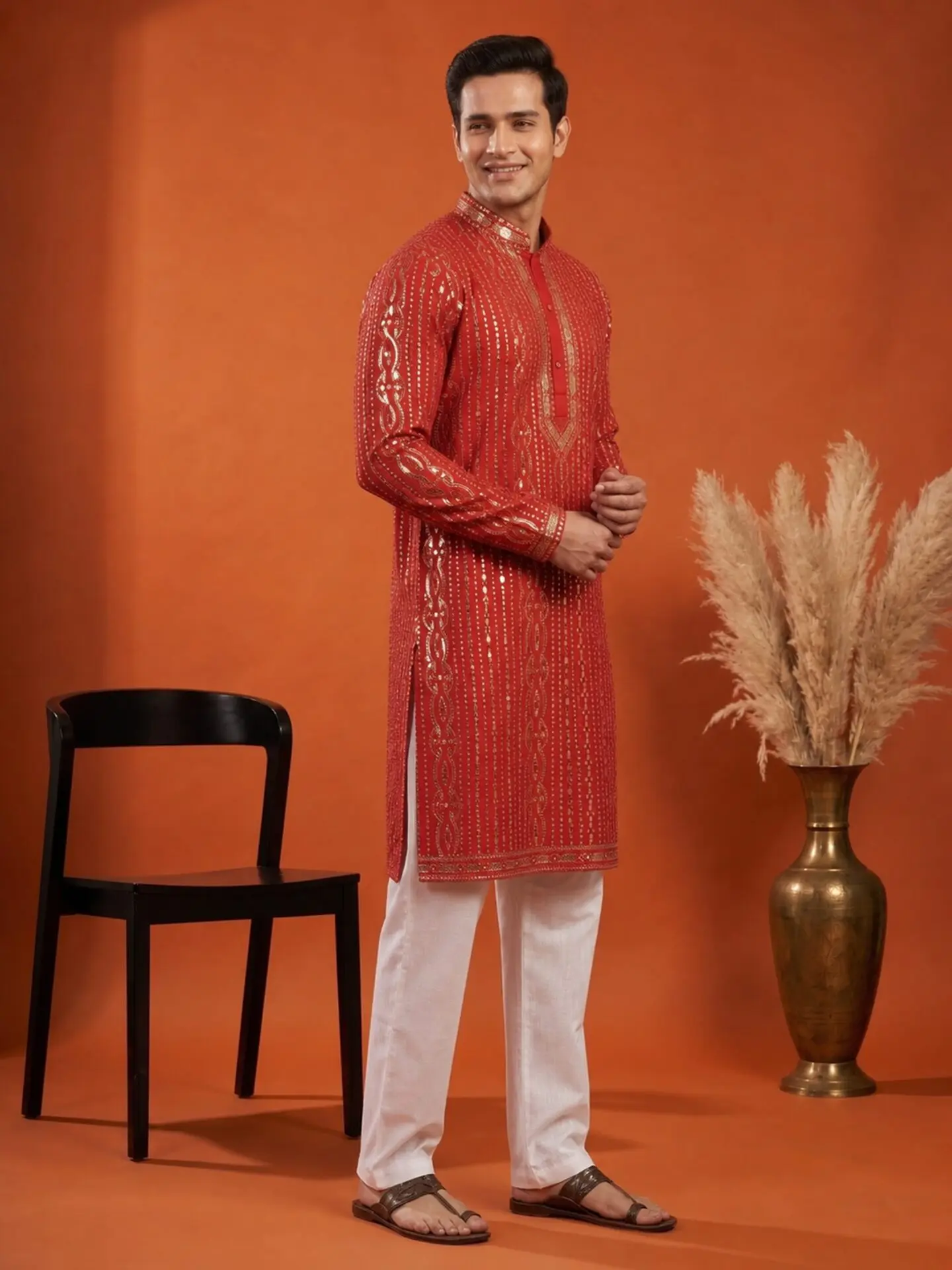 Pink Heavy Foil Work Men's Kurta - Image 3