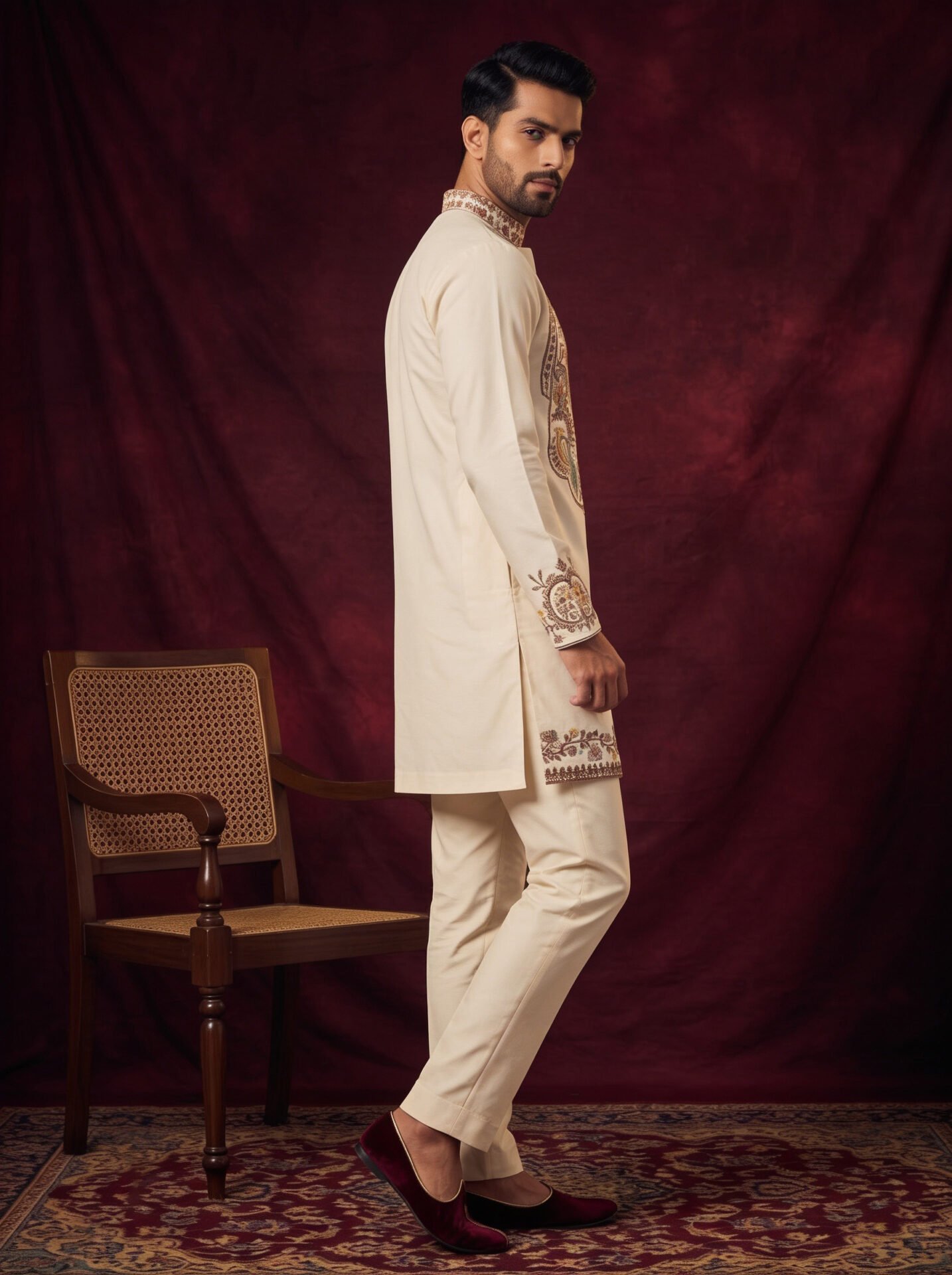 Off-White Peacock Embroidered Men's Kurta - Image 3
