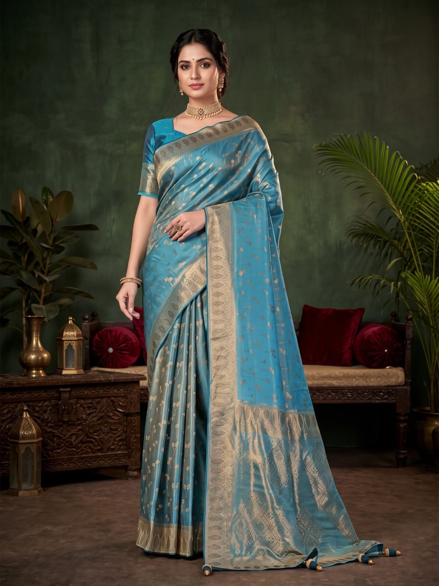Aadhya Sky Blue Gold Zari Woven Silk Blend Saree