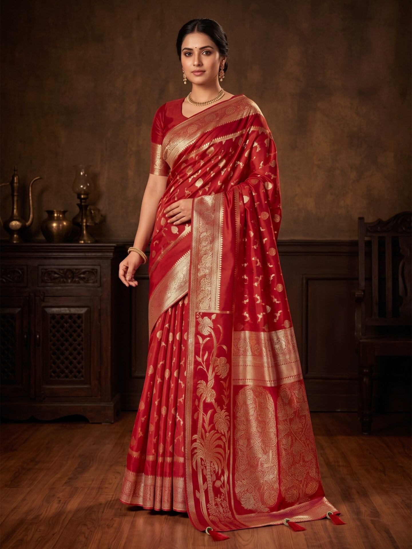 Aaradhya Vermilion Gold Zari Motif Silk Blend Saree
