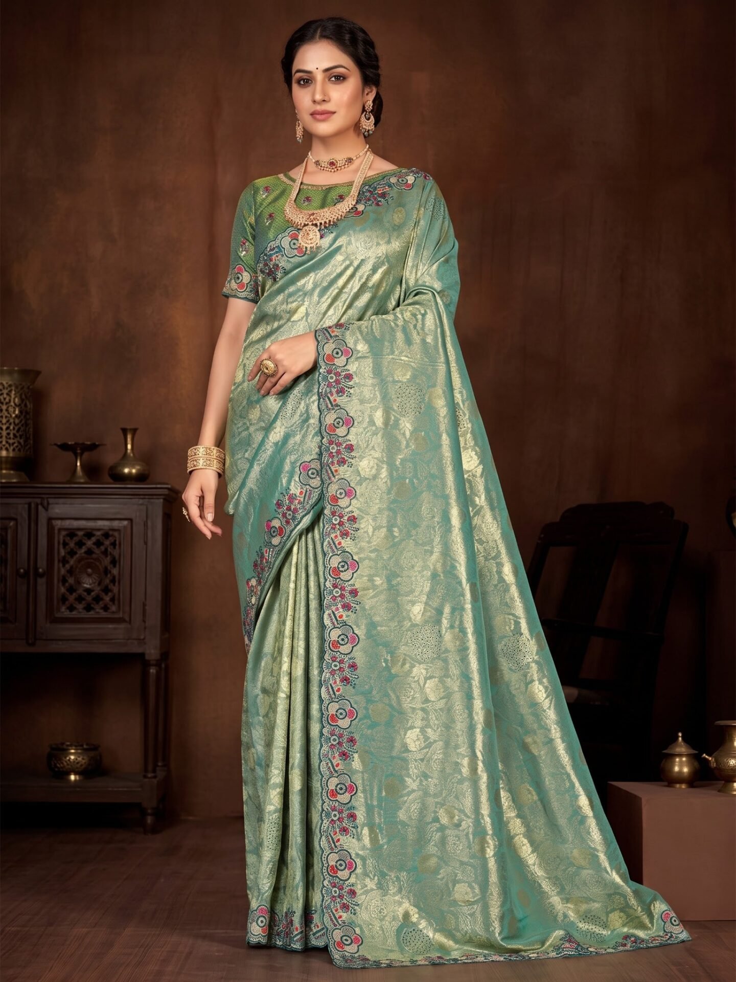 Aarika Sage Green Floral Embroidered Silk Blend Saree