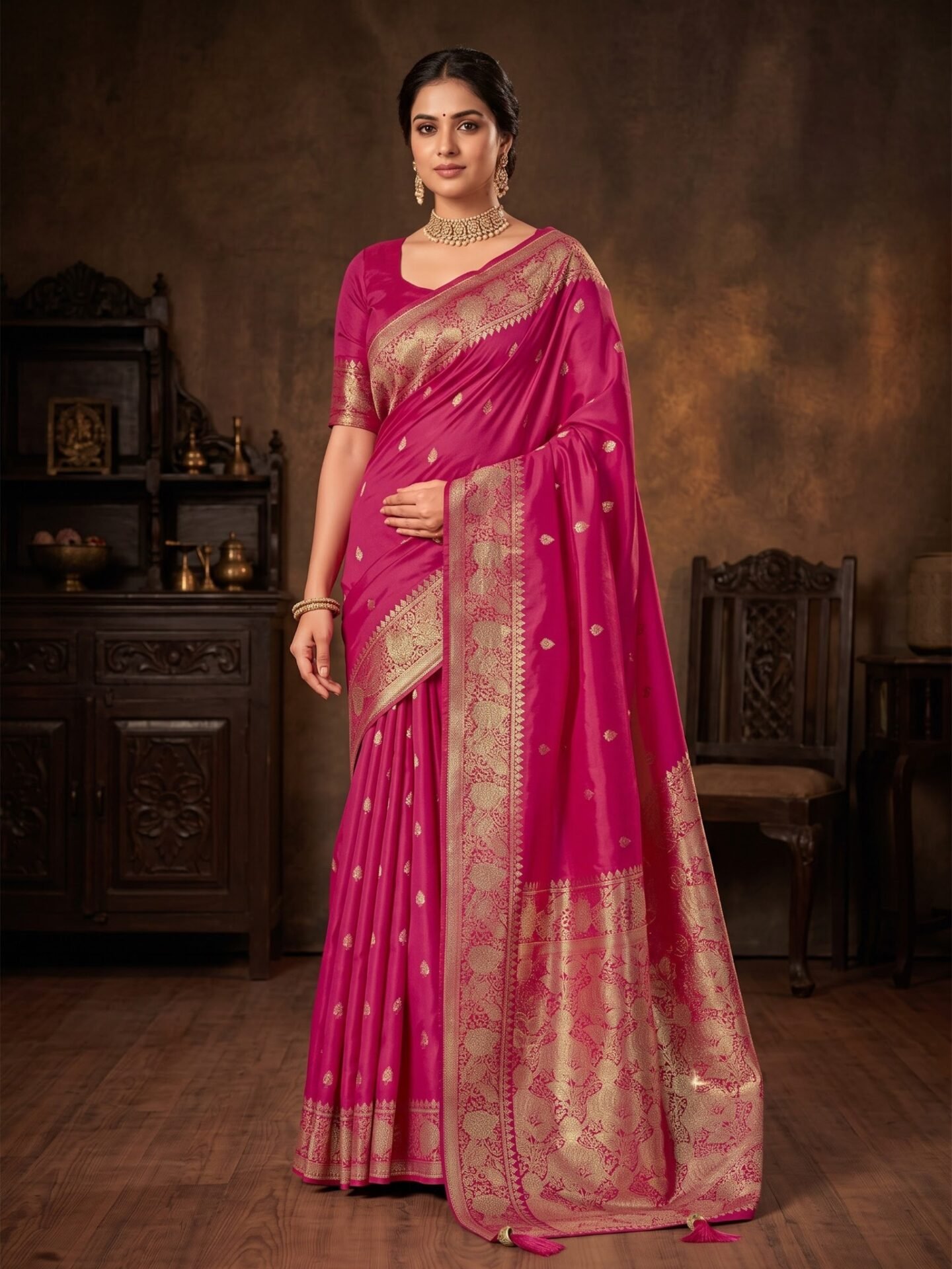 Aarini Magenta Gold Paisley Zari Silk Blend Saree