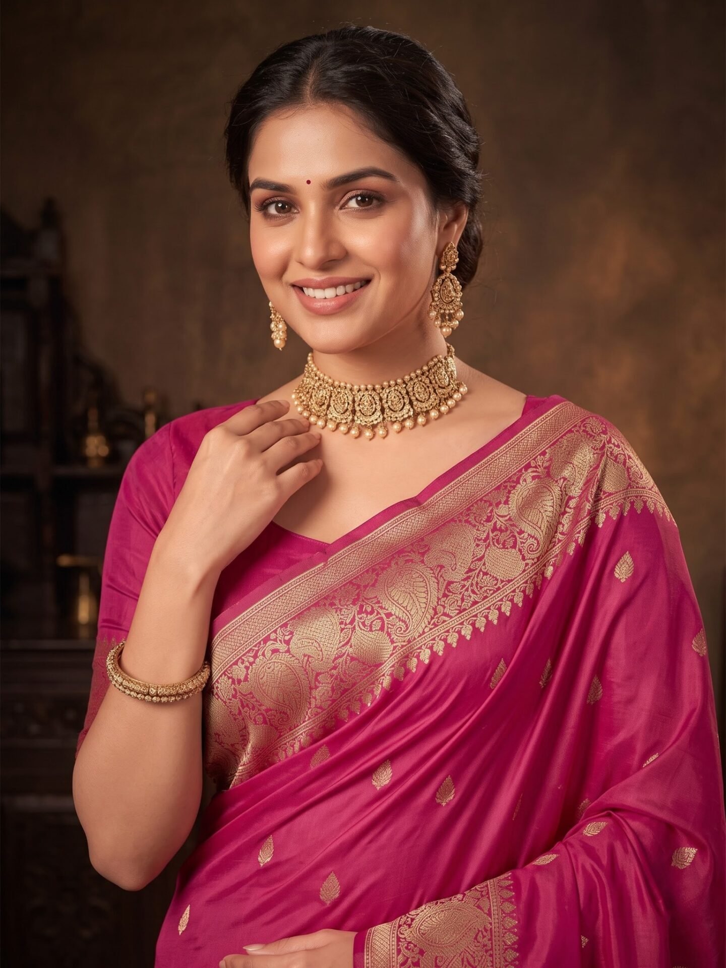 Aarini Magenta Gold Paisley Zari Silk Blend Saree - Image 2