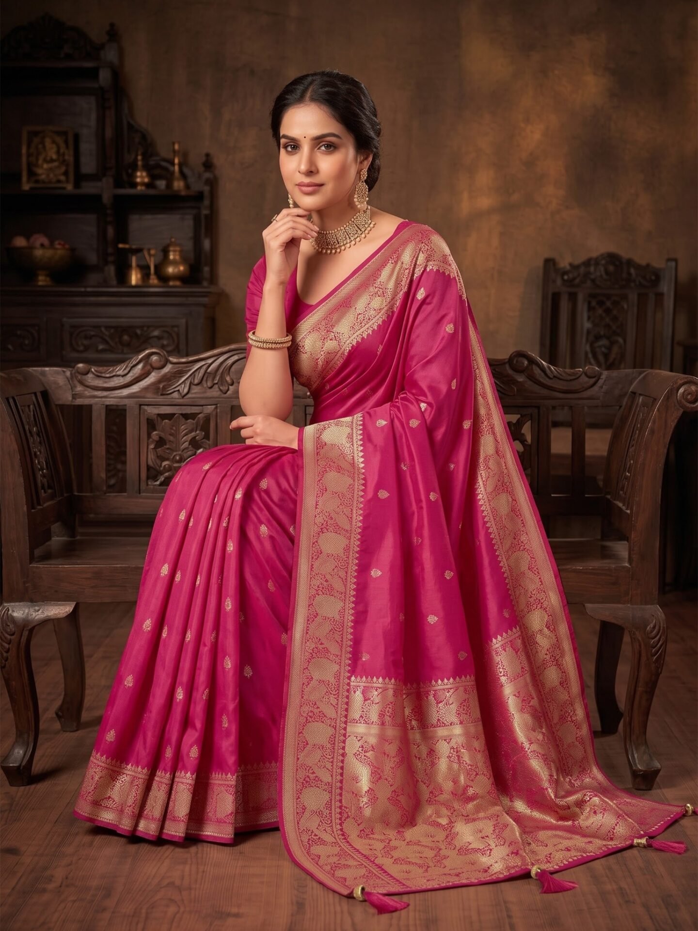Aarini Magenta Gold Paisley Zari Silk Blend Saree - Image 3