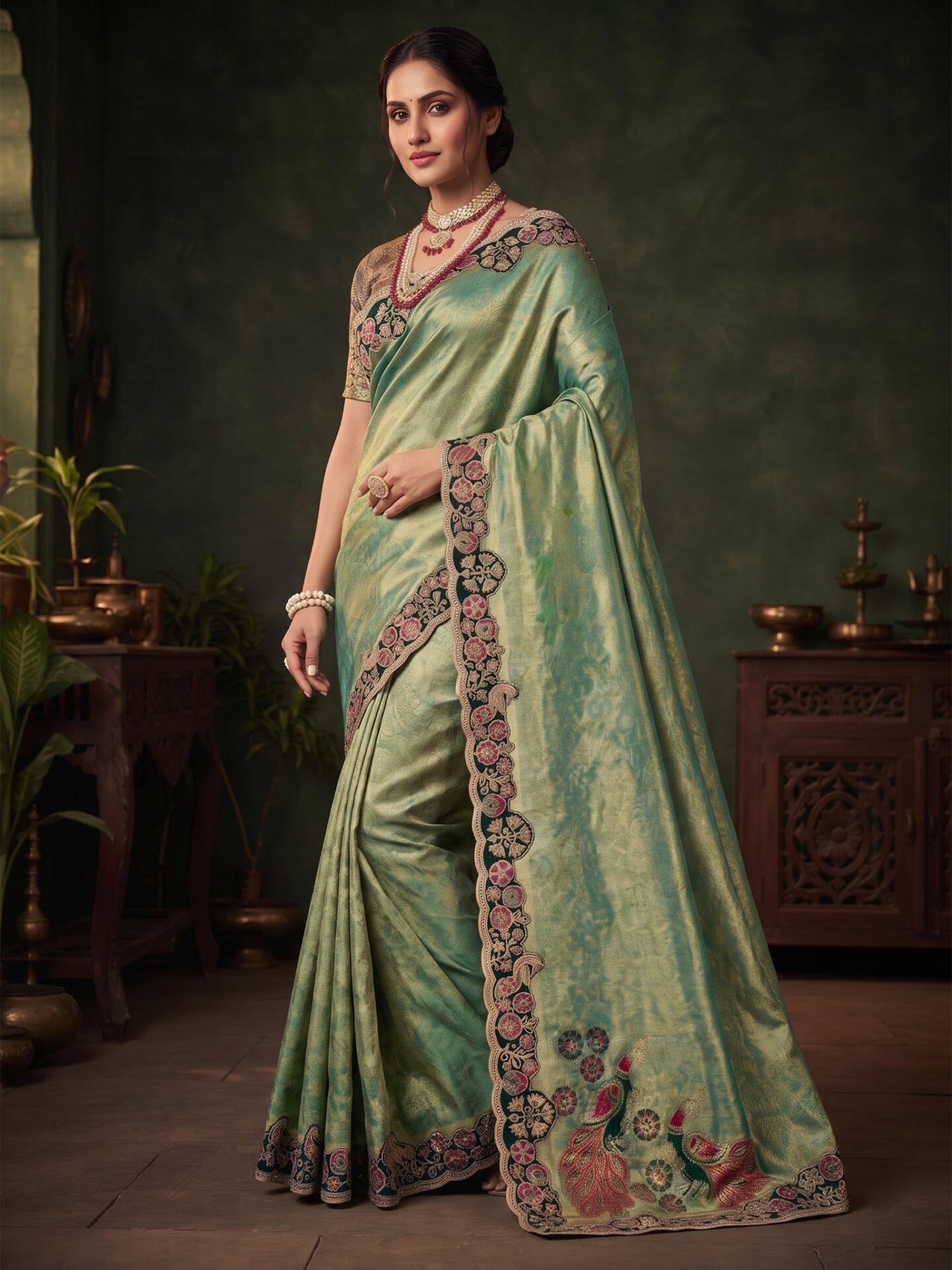 Aavya Sage Green Peacock Floral Embroidered Silk Blend Saree