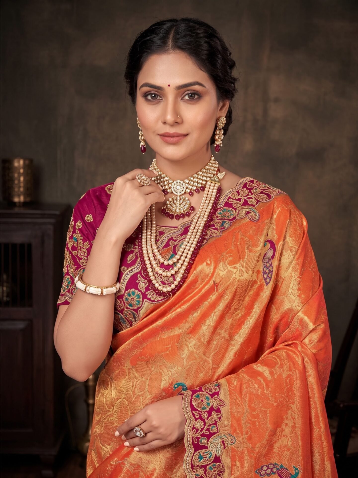 Anvika Orange Peacock Floral Embroidered Silk Blend Saree