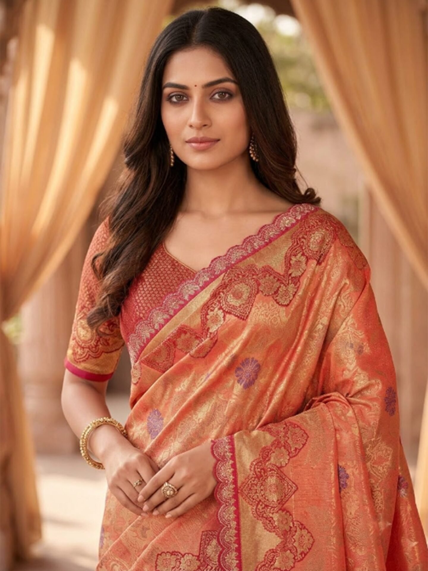 Avira Coral Gold Rani Zari Woven Silk Blend Saree
