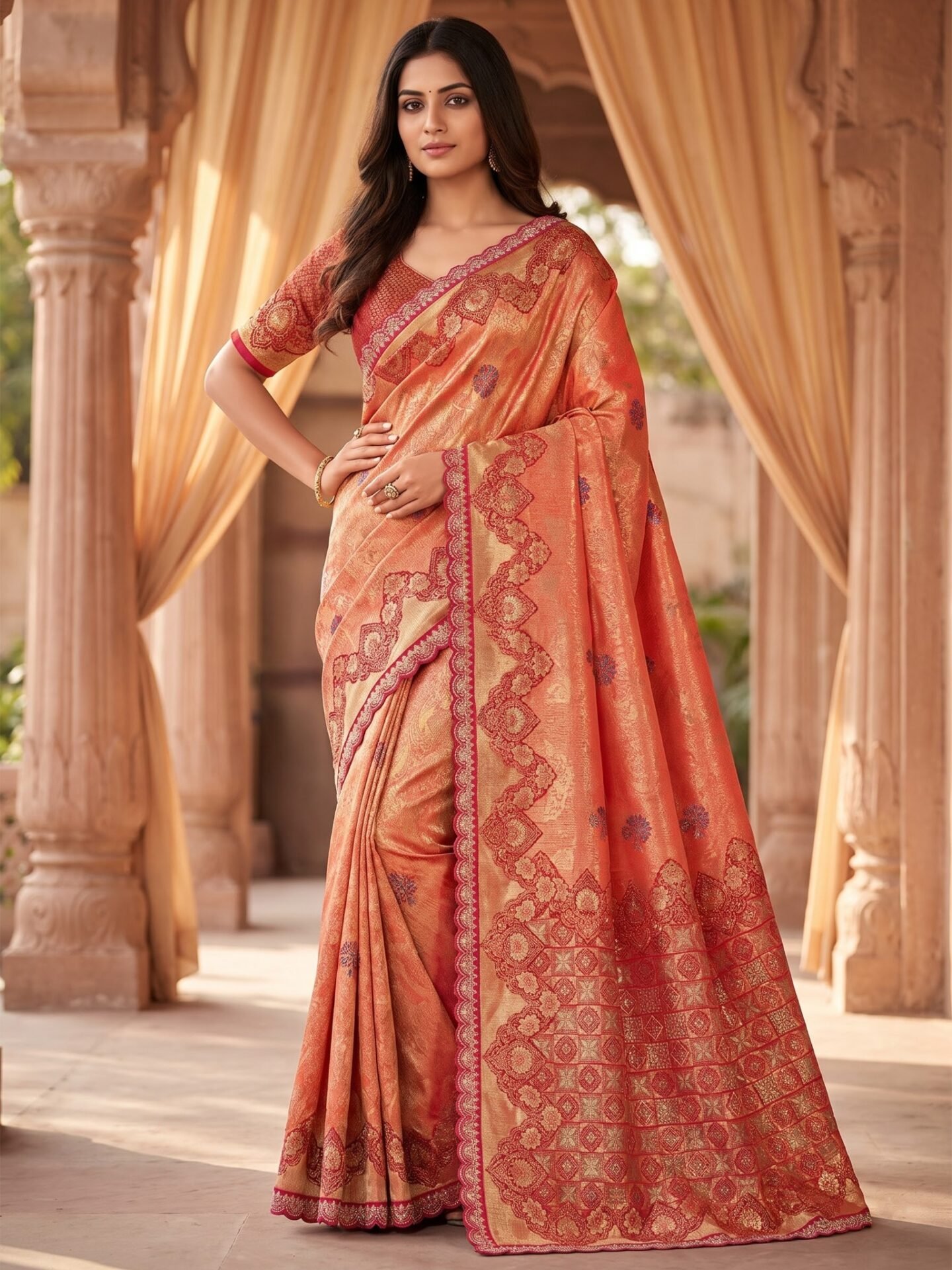 Avira Coral Gold Rani Zari Woven Silk Blend Saree - Image 3
