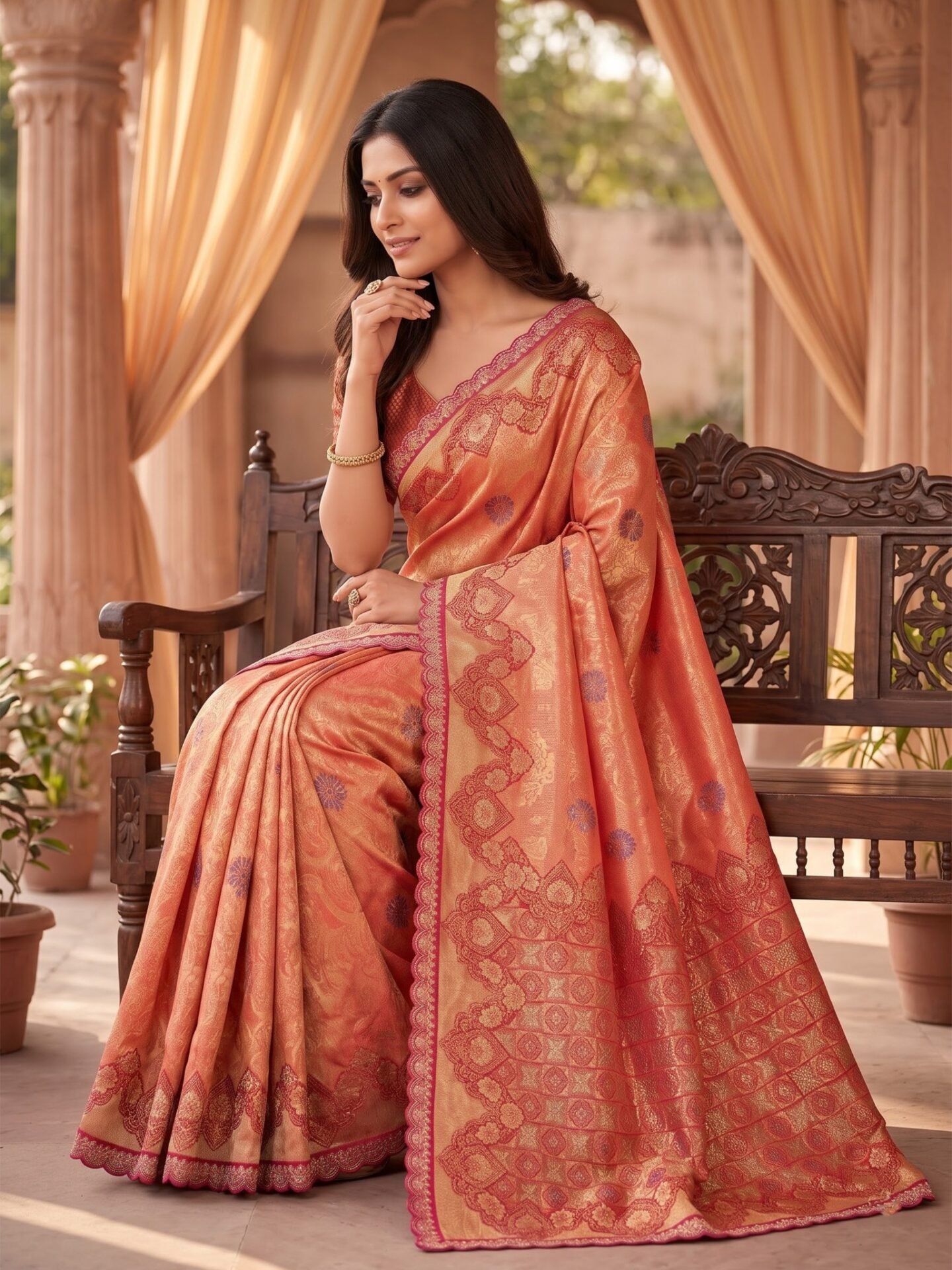 Avira Coral Gold Rani Zari Woven Silk Blend Saree - Image 4