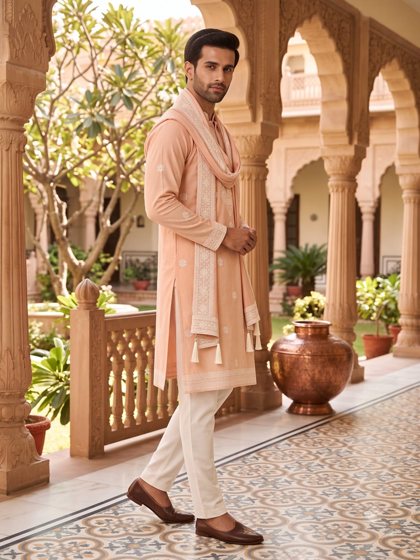 Peach Embroidered Men's Kurta with Dupatta - Image 3