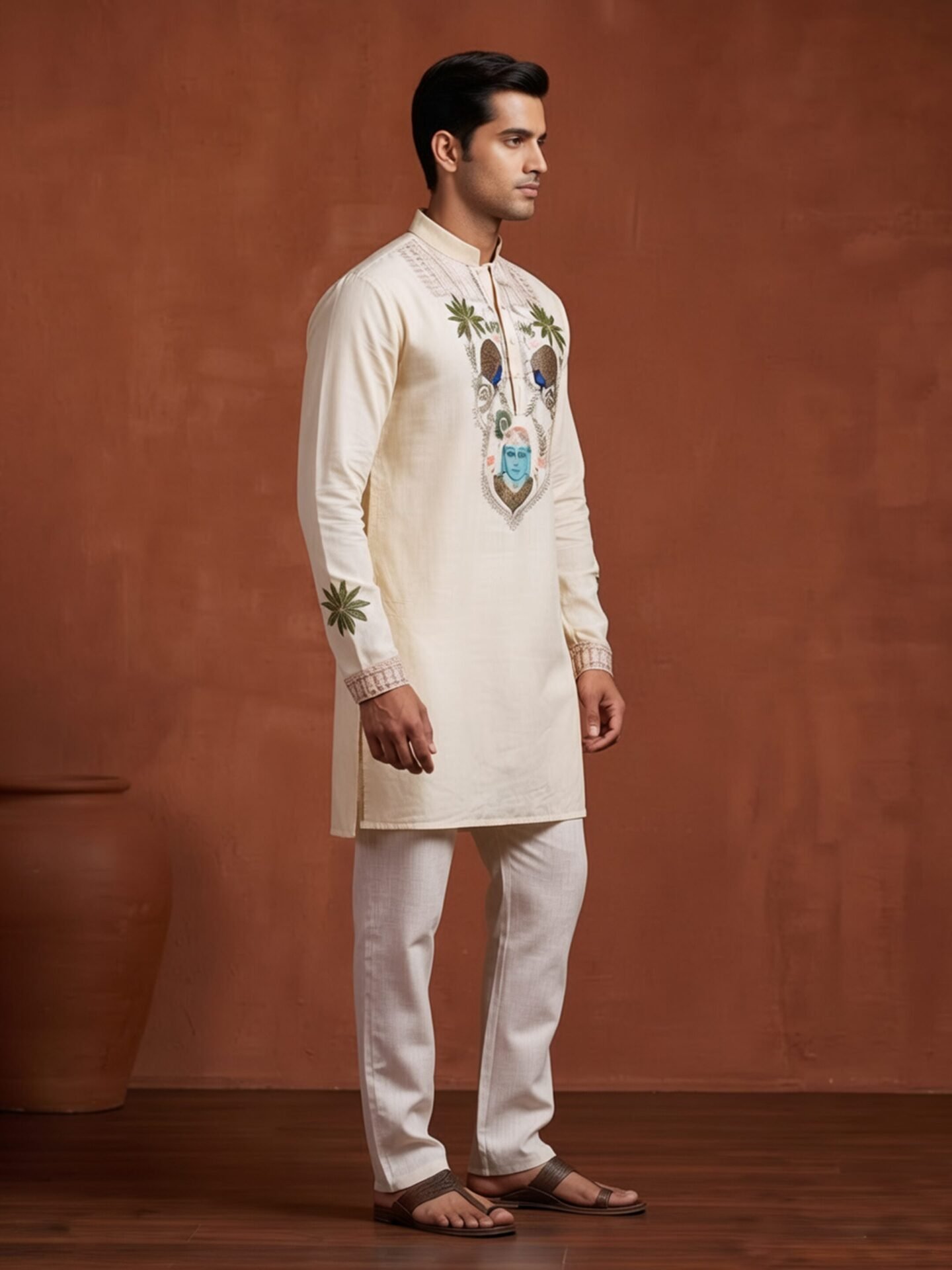 Off-White Krishna Embroidered Men's Kurta - Image 4