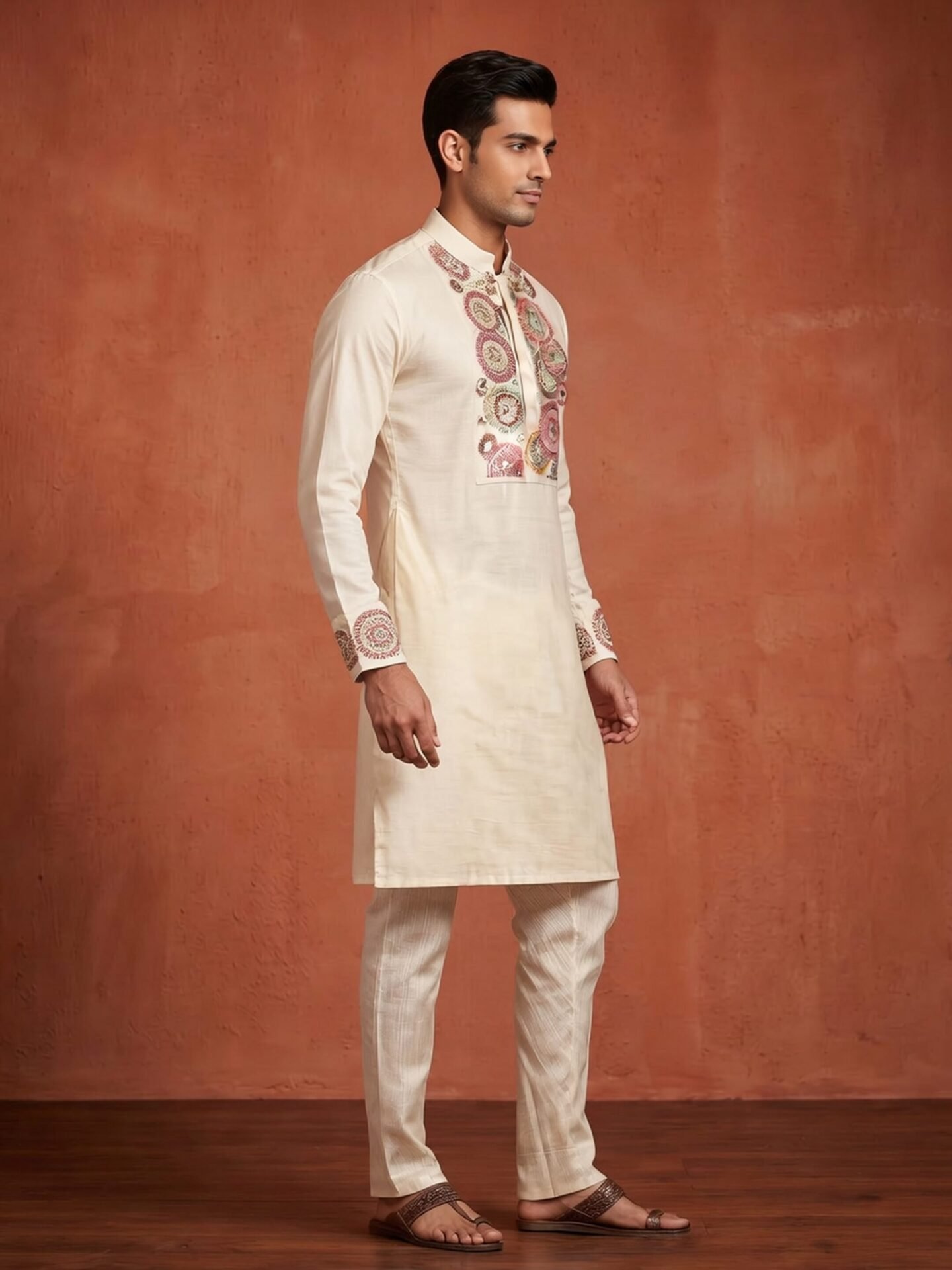 Off-White Embroidered Men's Kurta with Beaded Neck - Image 2