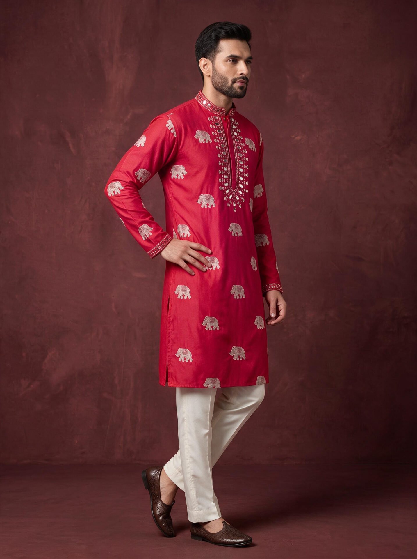 Pink Elephant Mirror Work Men's Kurta - Image 3