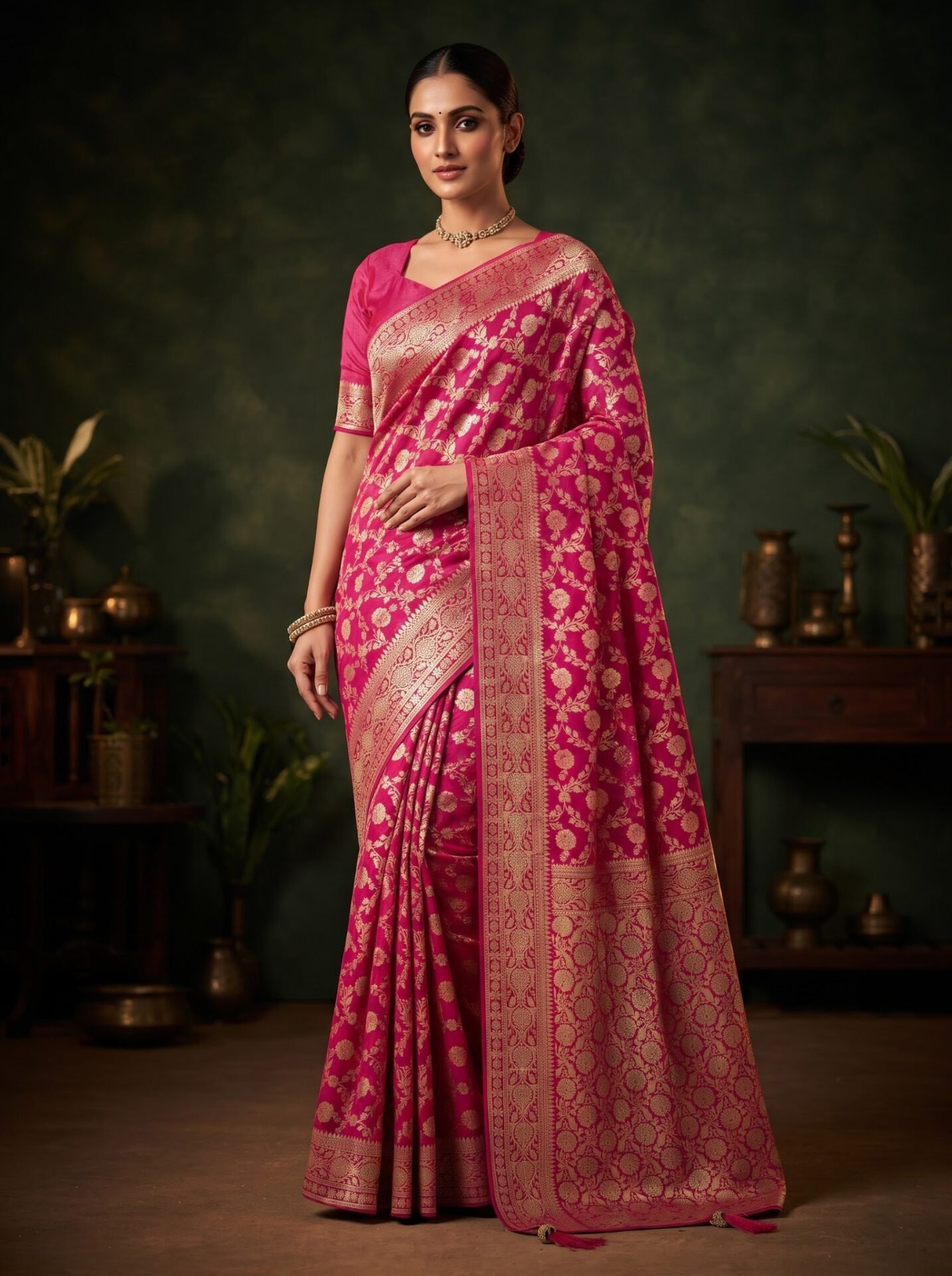 Charvi Fuchsia Gold Floral Zari Silk Blend Saree