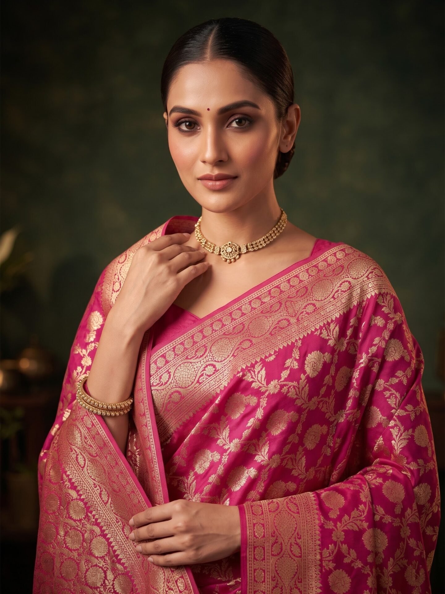 Charvi Fuchsia Gold Floral Zari Silk Blend Saree - Image 2