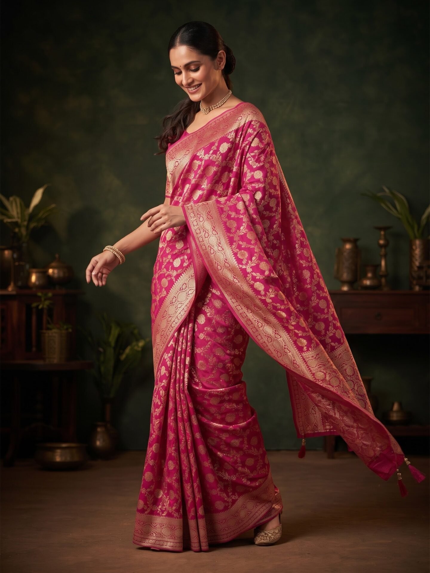 Charvi Fuchsia Gold Floral Zari Silk Blend Saree - Image 3