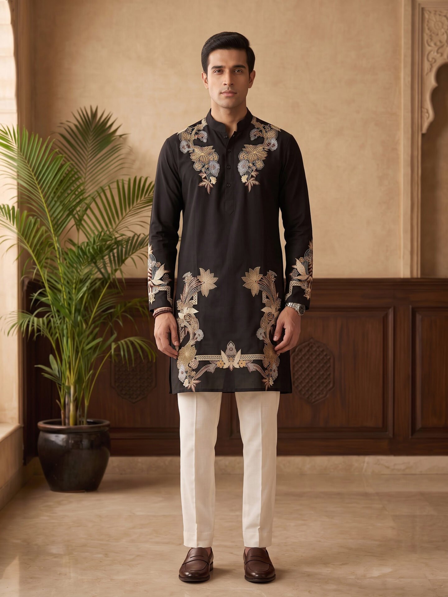 Black Multicolour Floral Embroidered Men's Kurta - Image 4