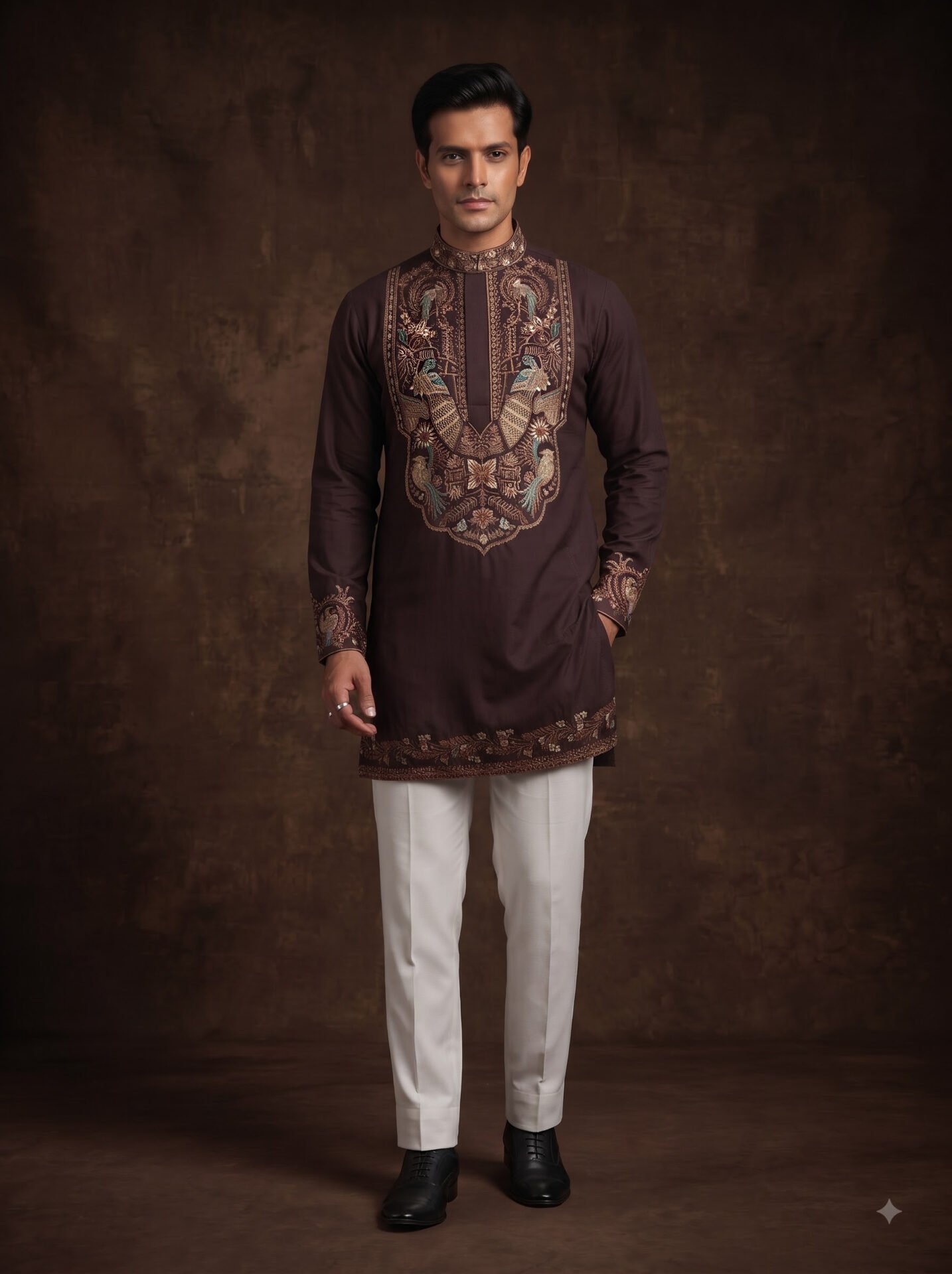 Rich Brown Peacock Embroidered Men's Kurta