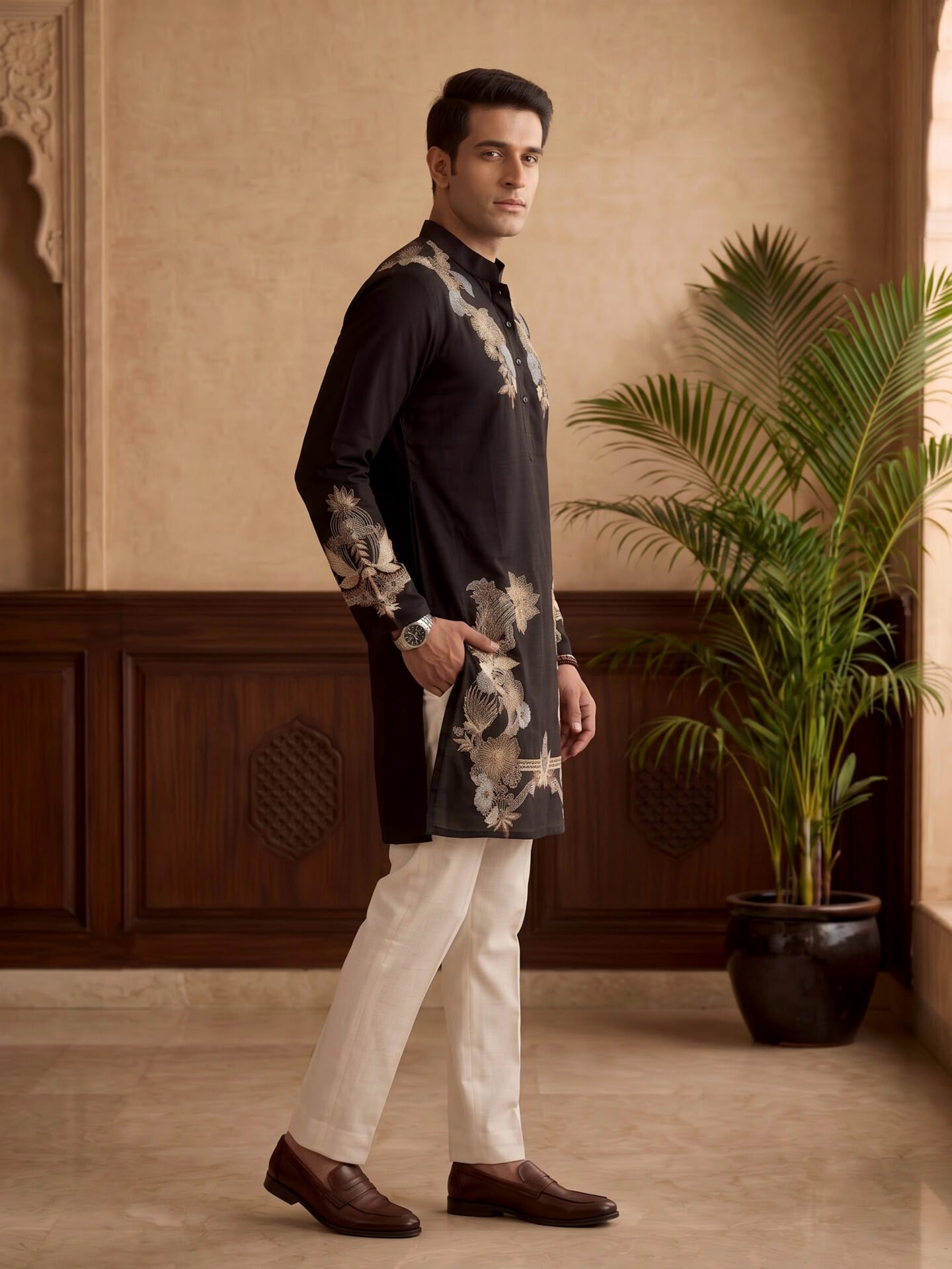 Black Multicolour Floral Embroidered Men's Kurta - Image 3