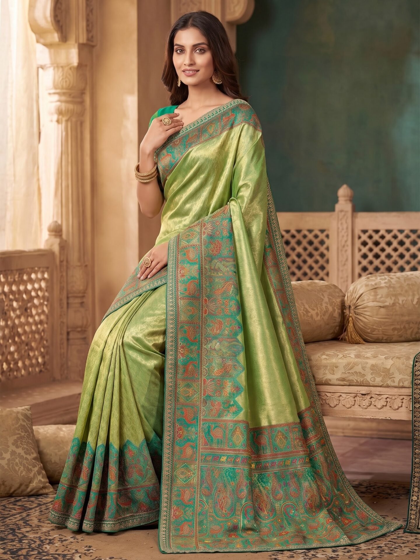 Harini Pista Teal Zari Woven Silk Blend Saree