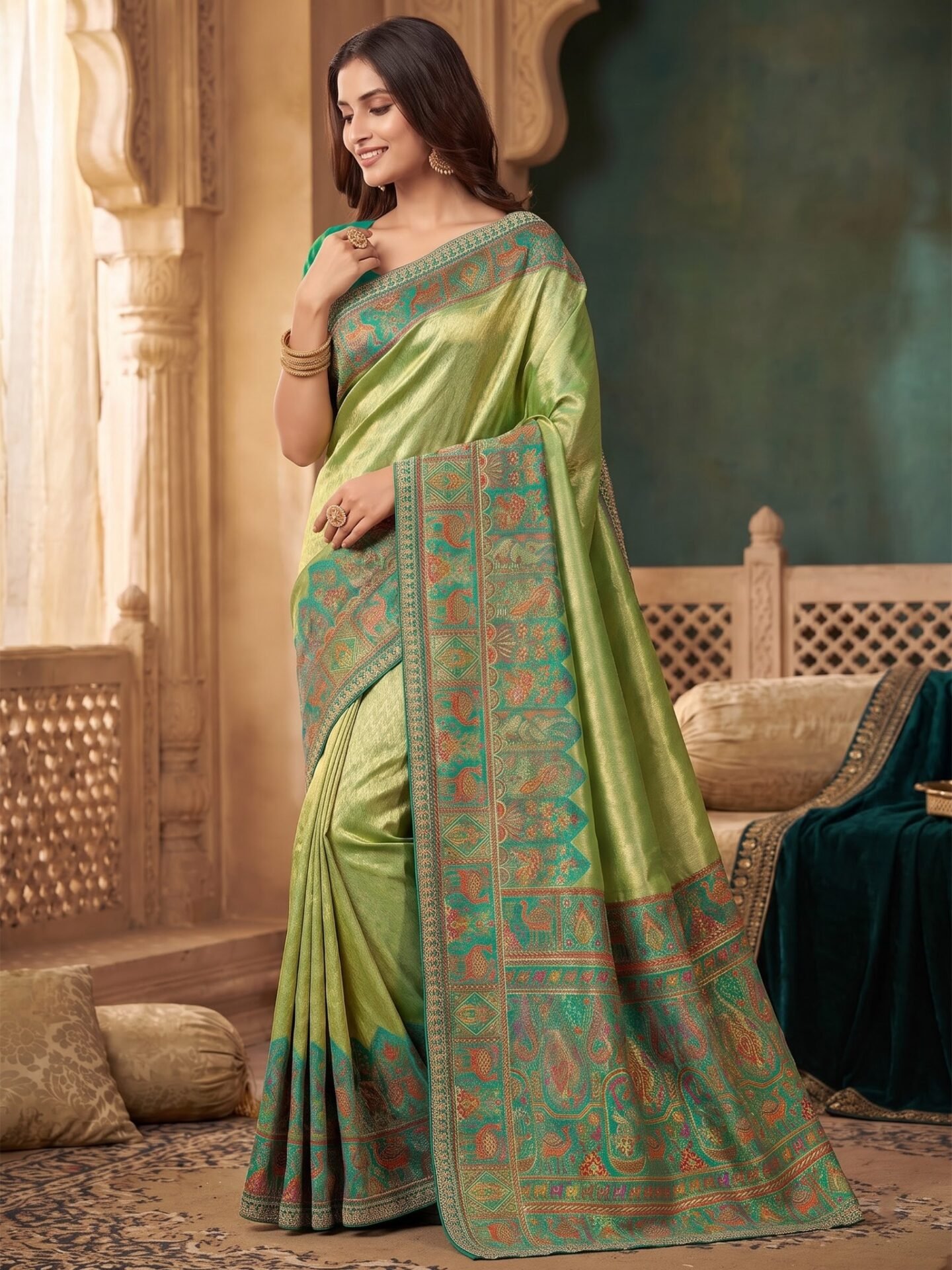 Harini Pista Teal Zari Woven Silk Blend Saree - Image 2