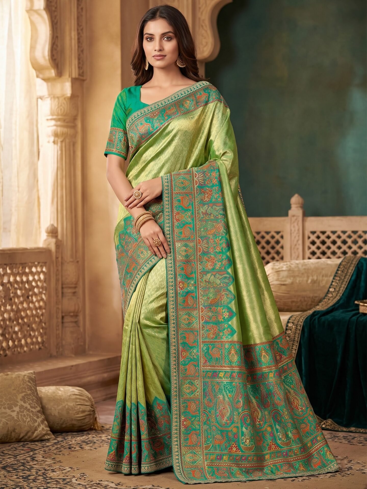 Harini Pista Teal Zari Woven Silk Blend Saree - Image 3
