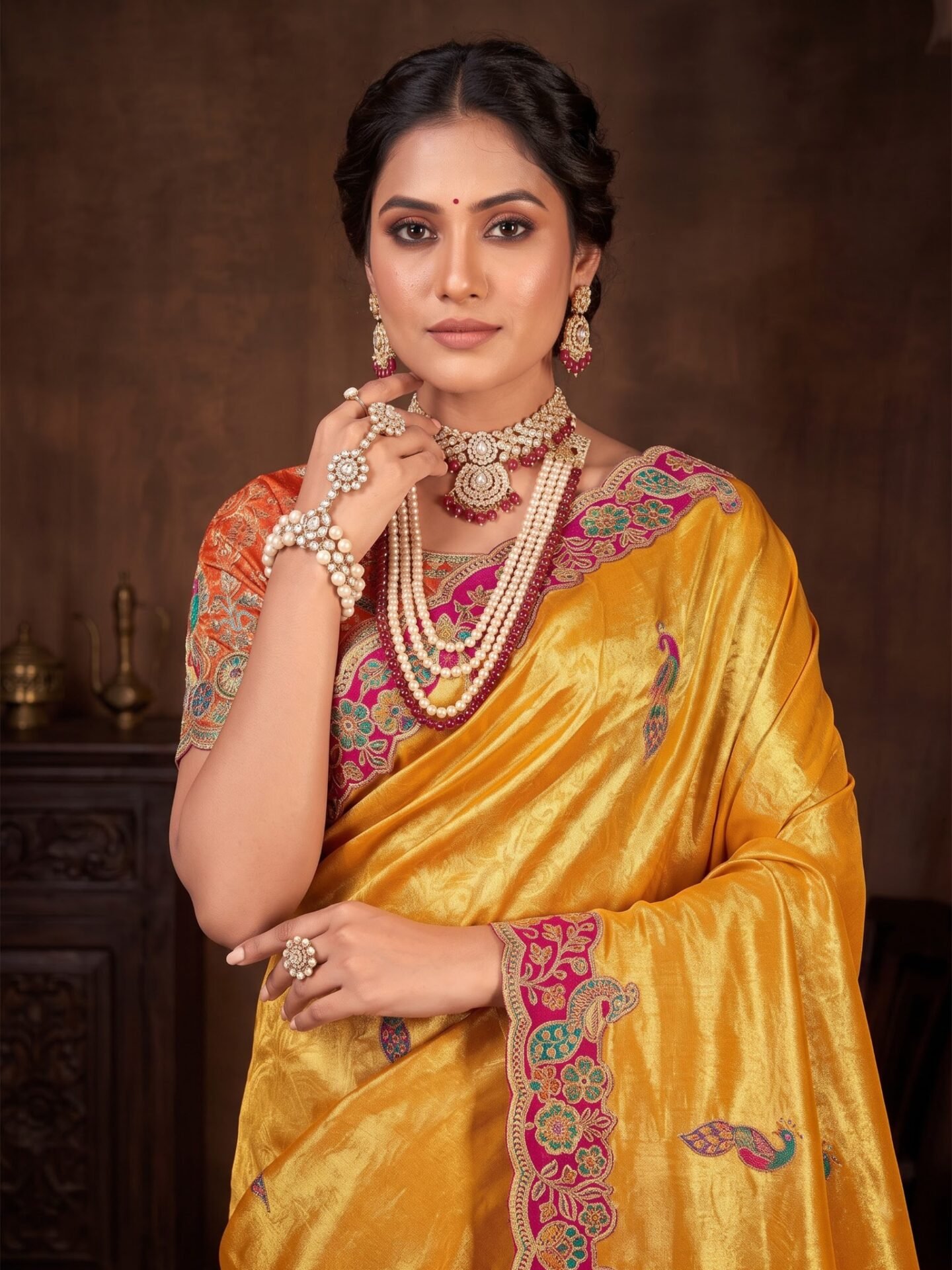 Ishani Golden Peacock Floral Embroidered Silk Blend Saree