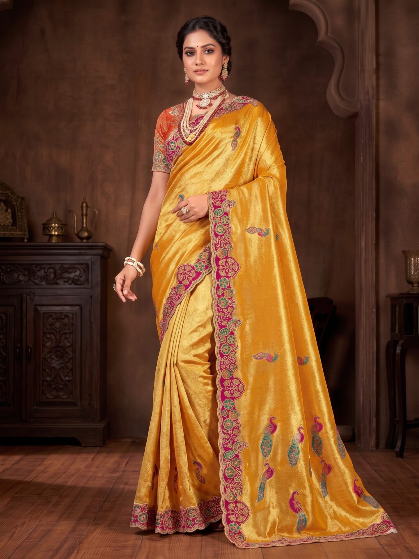 Ishani Golden Peacock Floral Embroidered Silk Blend Saree - Image 2