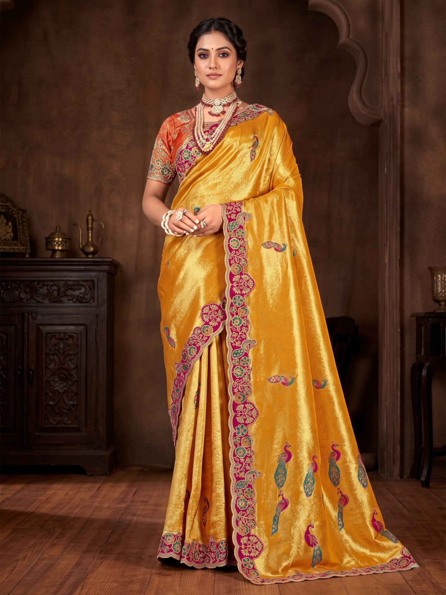 Ishani Golden Peacock Floral Embroidered Silk Blend Saree - Image 3