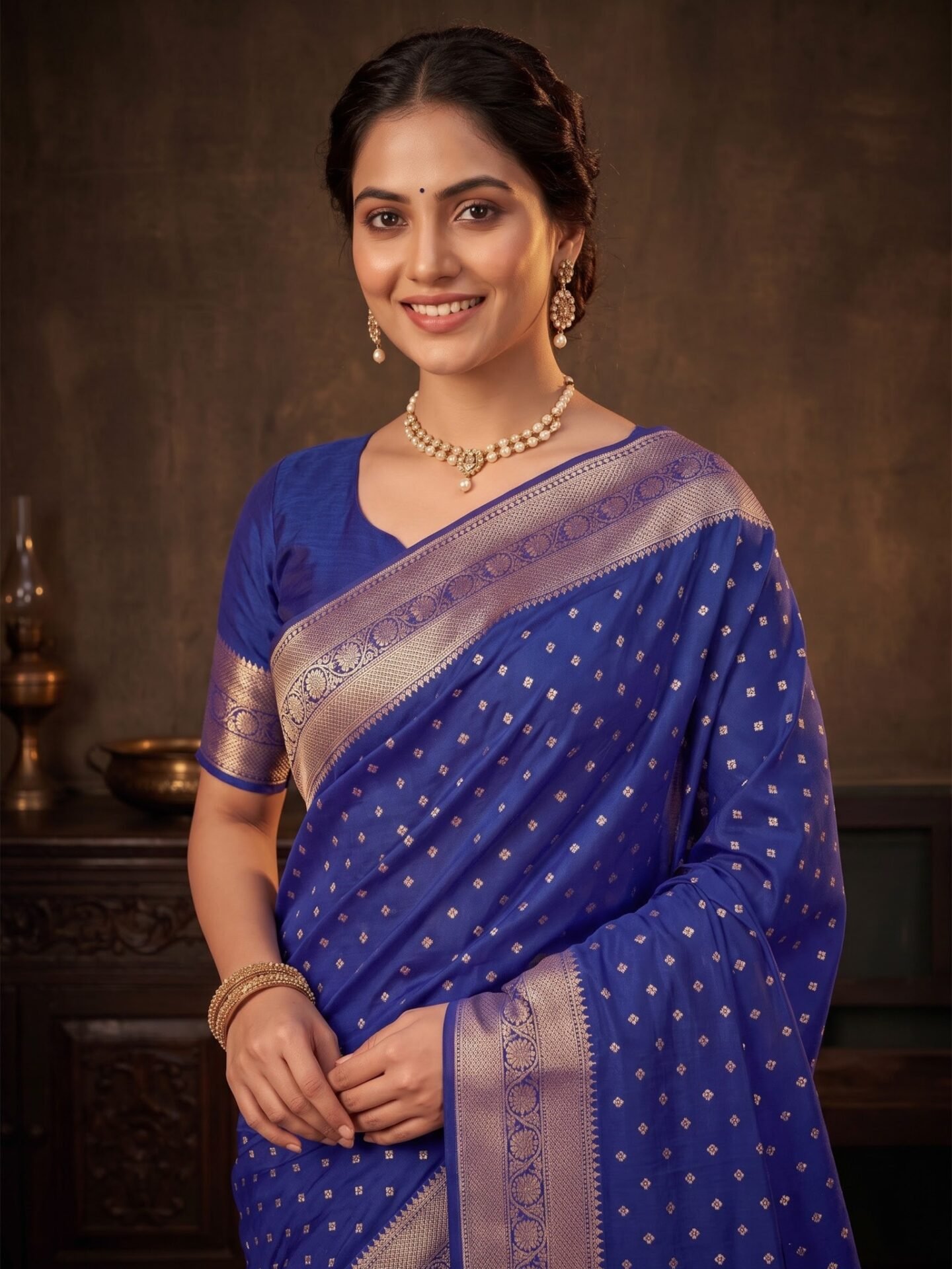 Ishani Royal Blue Gold Zari Buti Silk Blend Saree