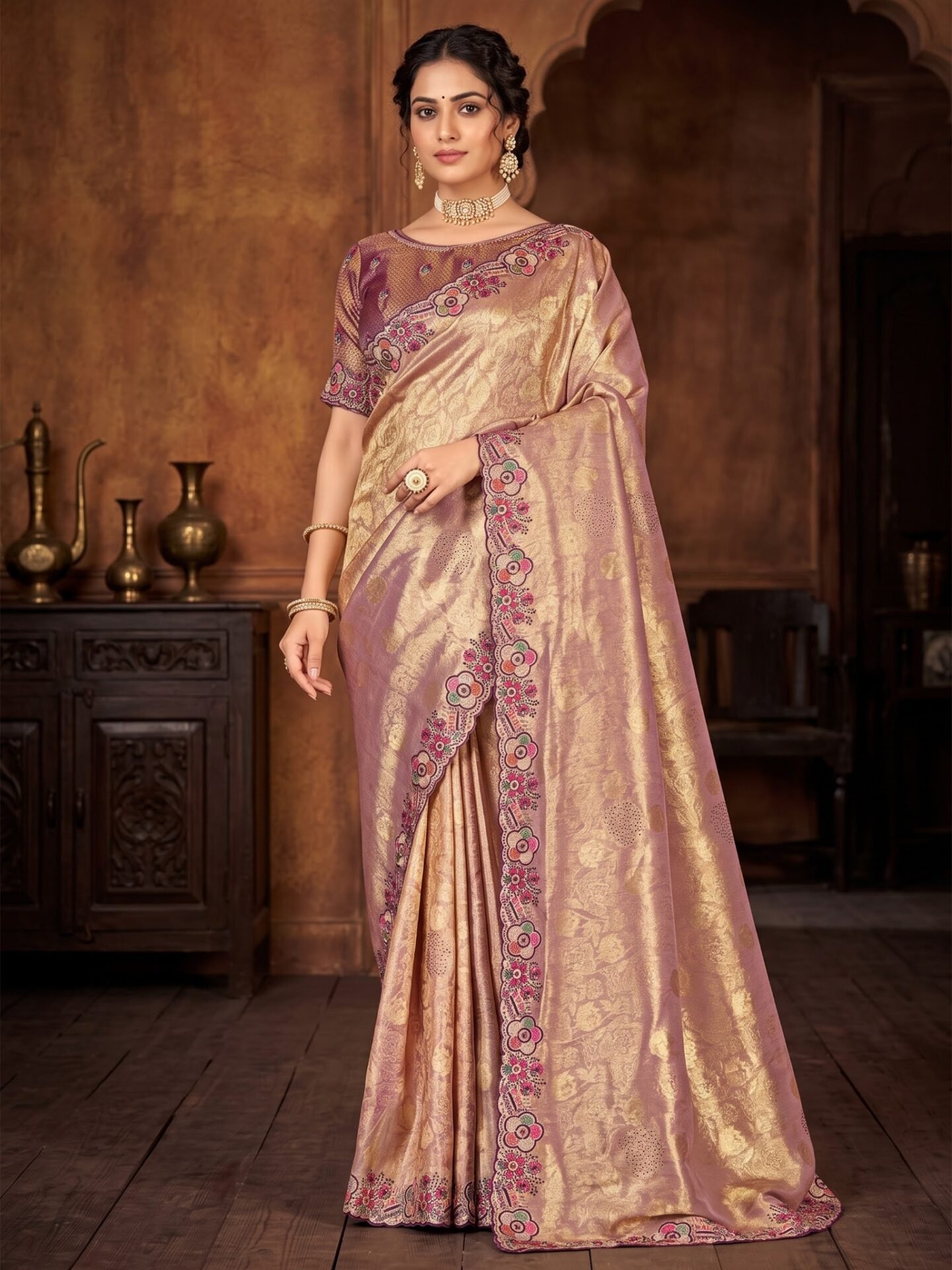 Ishira Rose Gold Floral Embroidered Silk Blend Saree