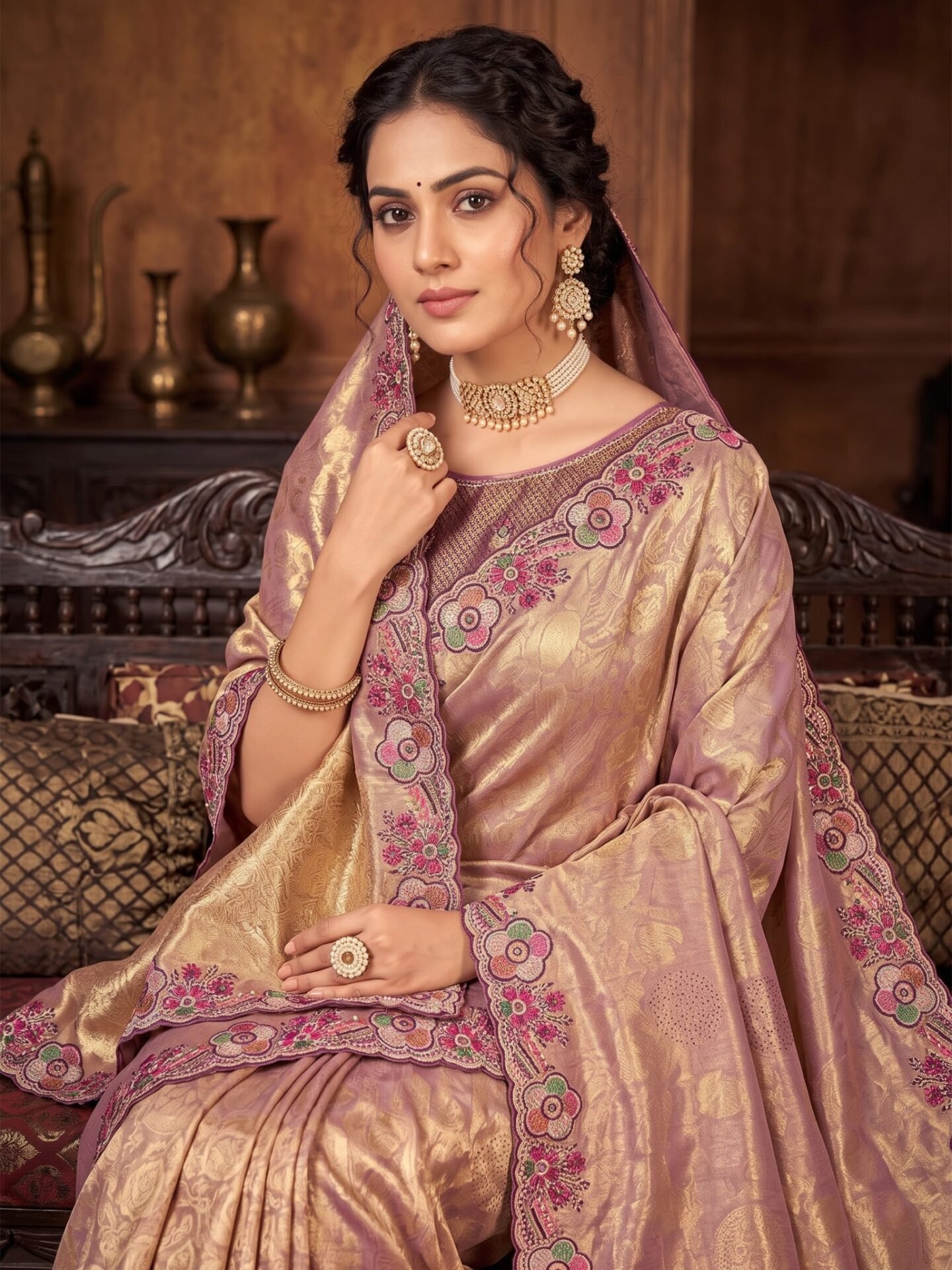 Ishira Rose Gold Floral Embroidered Silk Blend Saree - Image 2