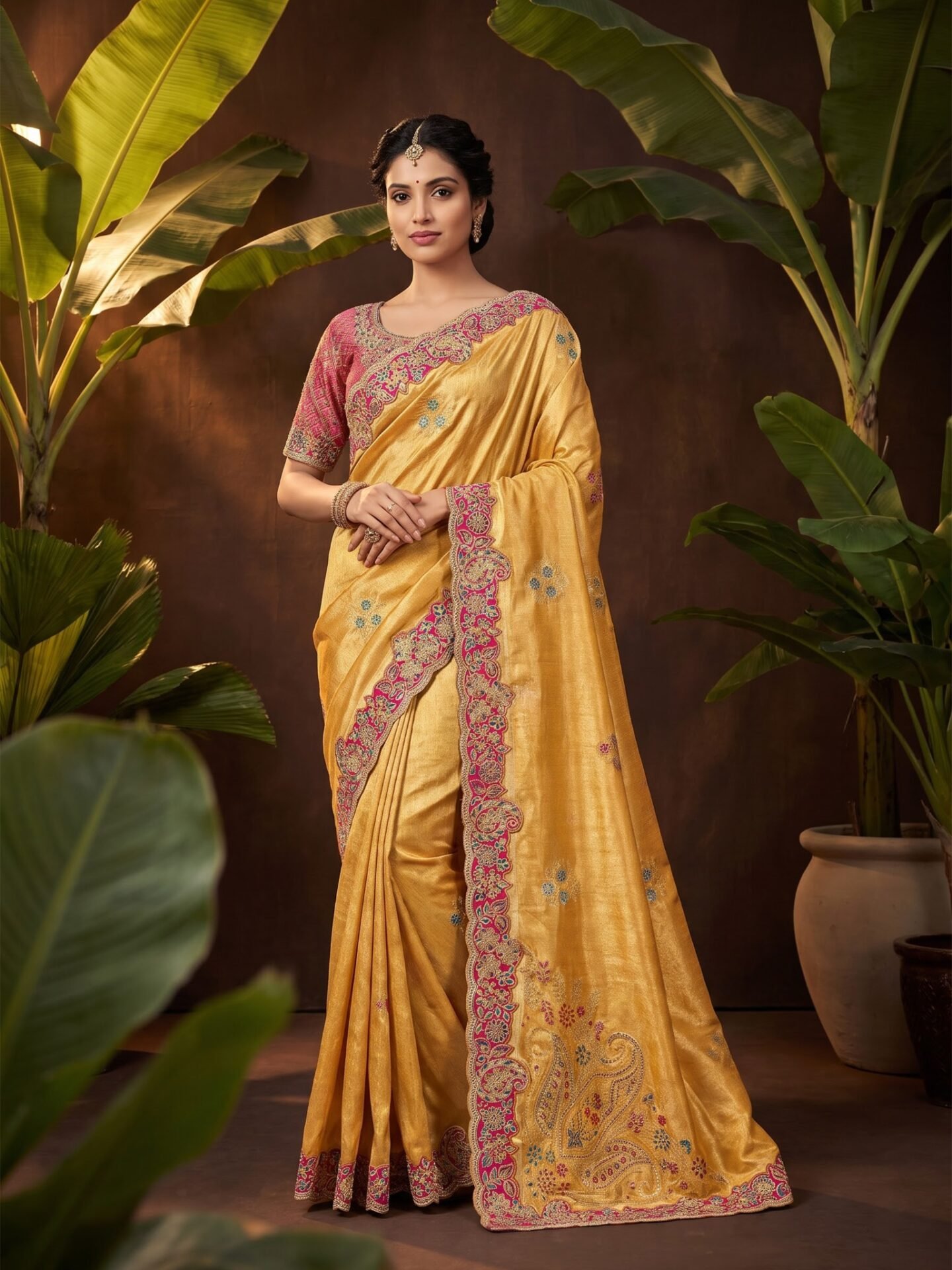 Kanak Roshni Mustard Embroidered Silk Blend Saree