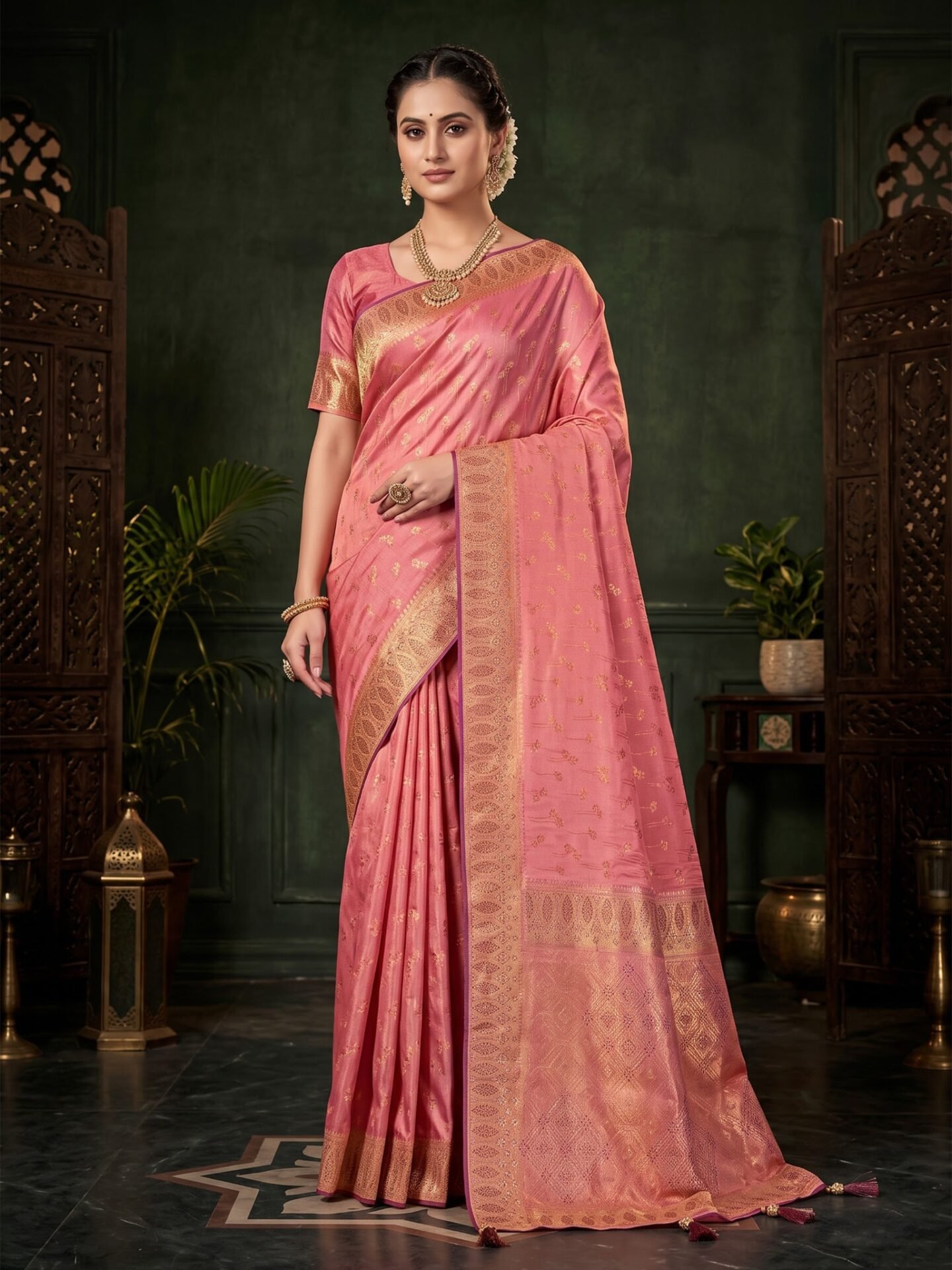 Madhavi Blush Pink Gold Zari Woven Silk Blend Saree