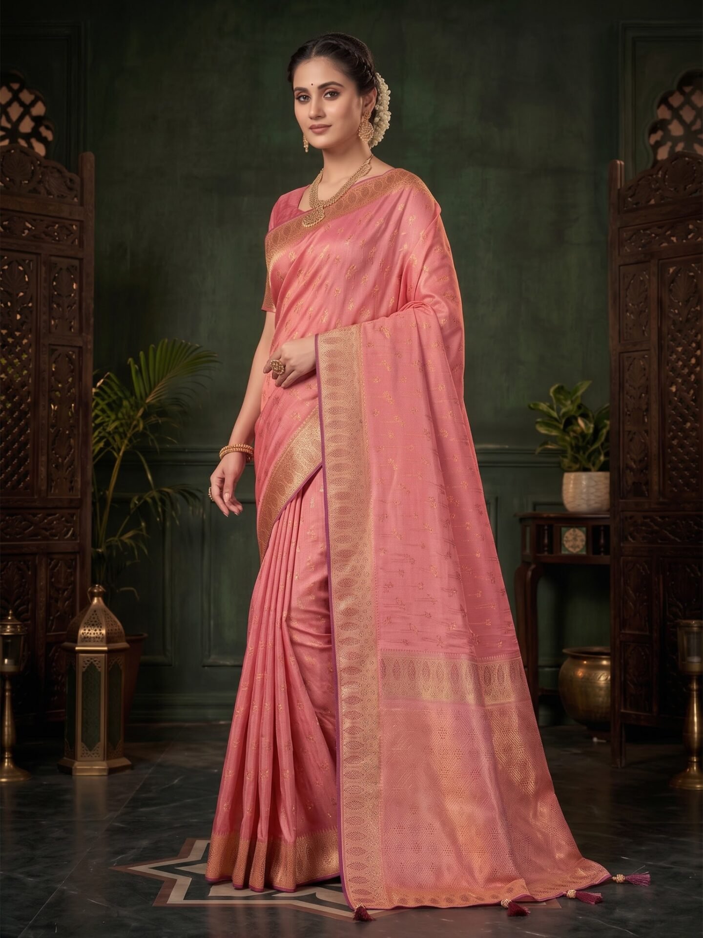 Madhavi Blush Pink Gold Zari Woven Silk Blend Saree - Image 3
