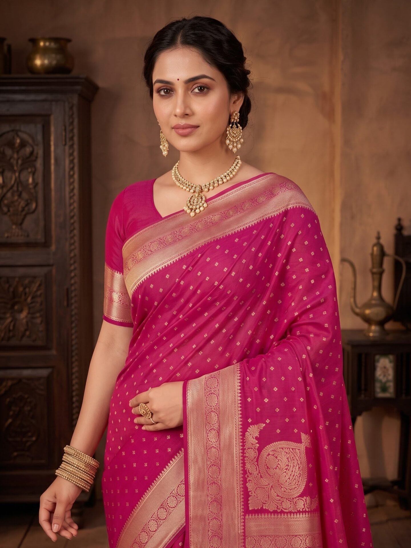Madhavi Fuchsia Gold Zari Buti Silk Blend Saree